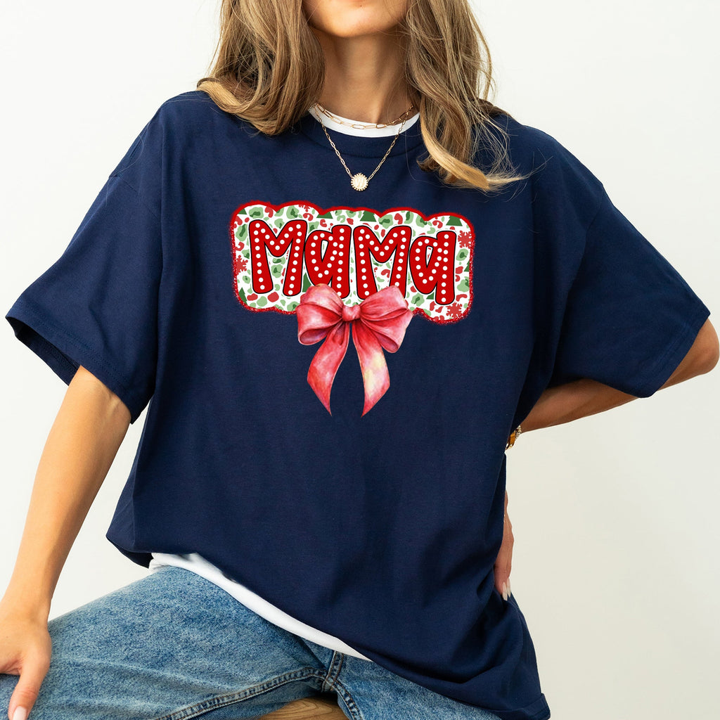 Christmas Mama Ribbon Bows Santa Classic Retro Tshirt Graphic Comfort Colors Tee