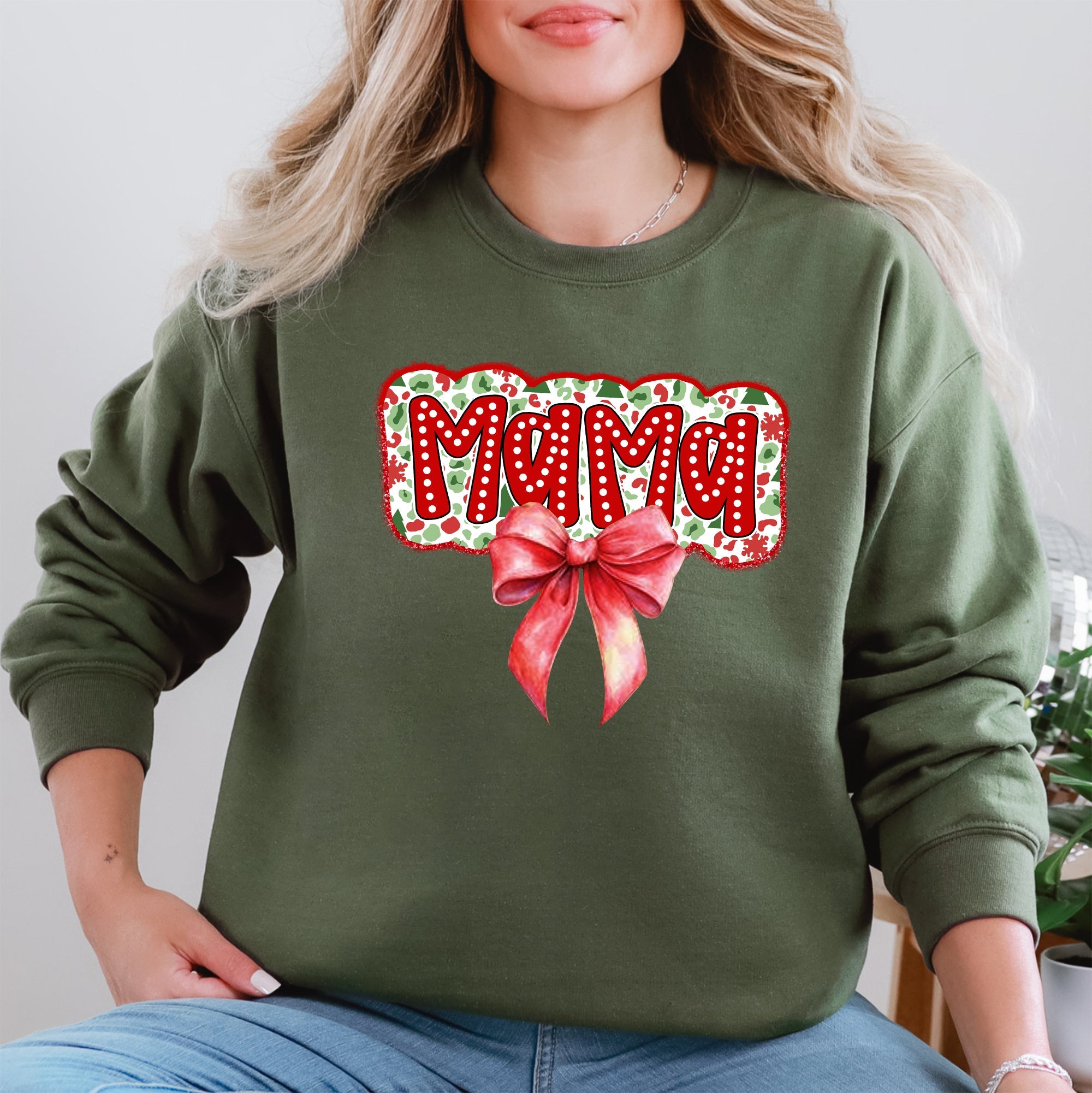 Christmas Mama Ribbon Bows Classic Retro Santa Holiday Cheer Cozy Christmas Sweatshirt