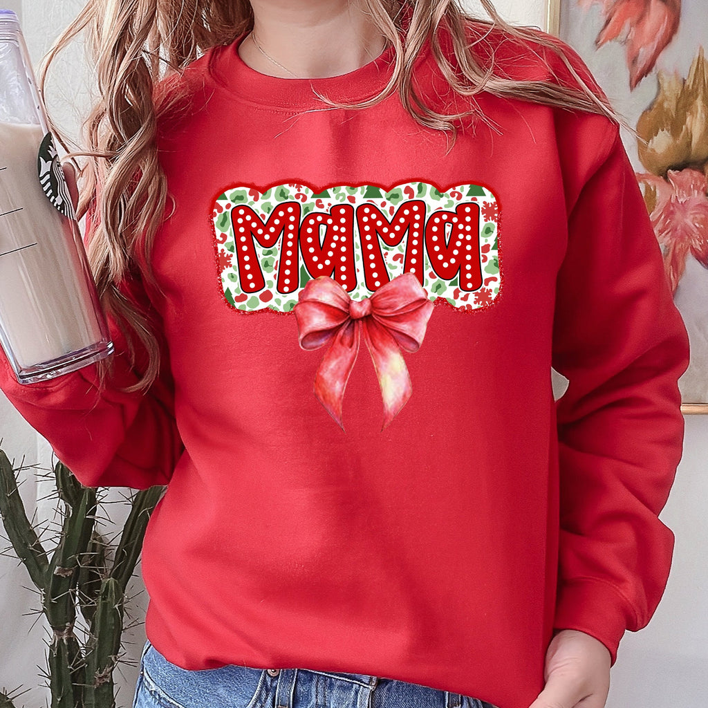 Christmas Mama Ribbon Bows Classic Retro Santa Holiday Cheer Cozy Christmas Sweatshirt