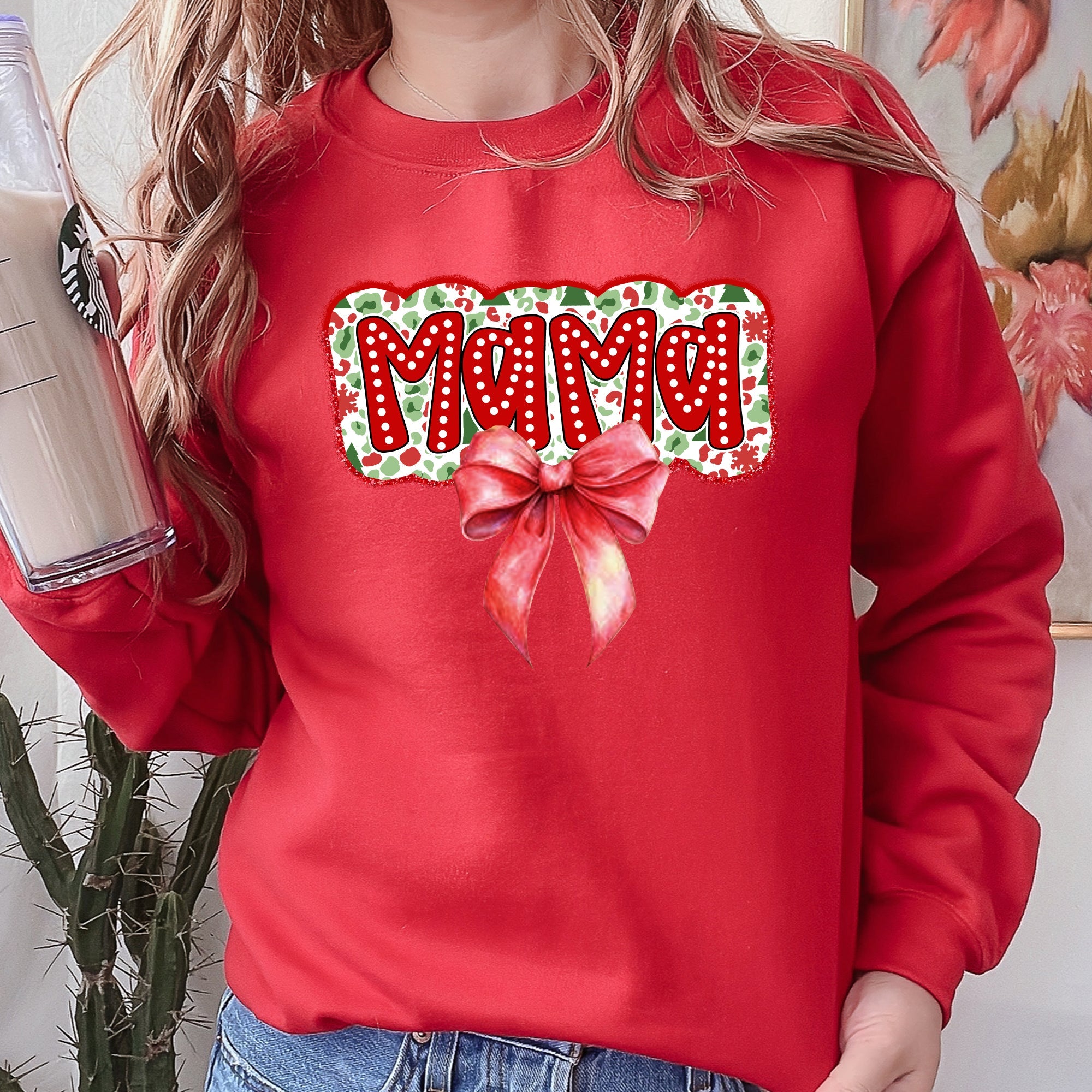 Christmas Mama Ribbon Bows Classic Retro Santa Holiday Cheer Cozy Christmas Sweatshirt