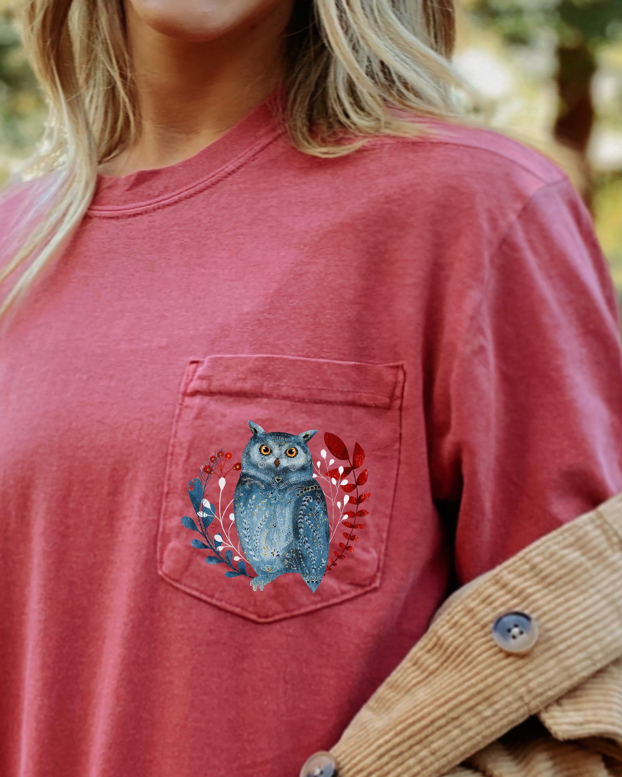 Christmas Owl Pocket Folk Art Santa Winter Snow Xmas Flowers Floral Comfort Colors Tee