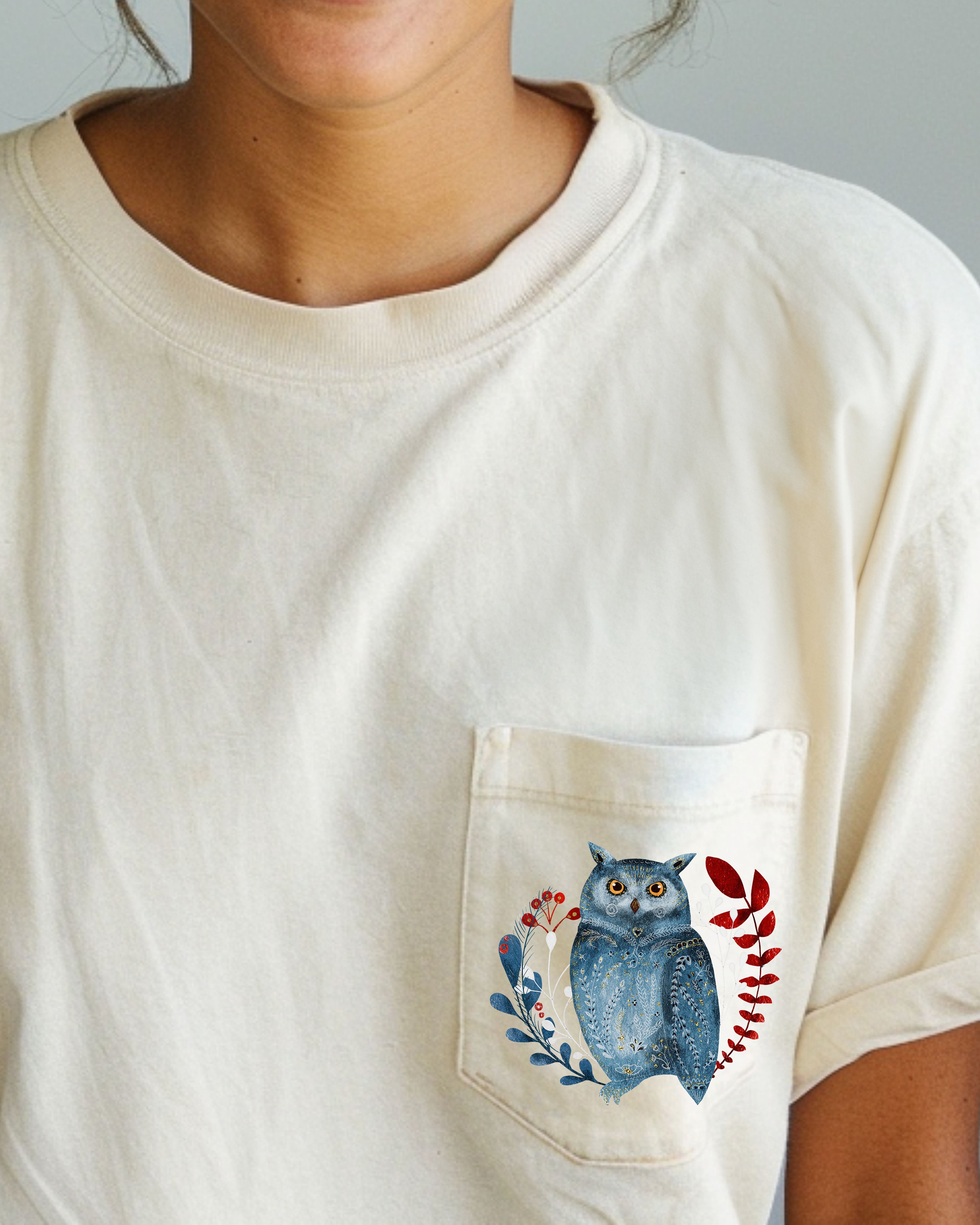Christmas Owl Pocket Folk Art Santa Winter Snow Xmas Flowers Floral Comfort Colors Tee