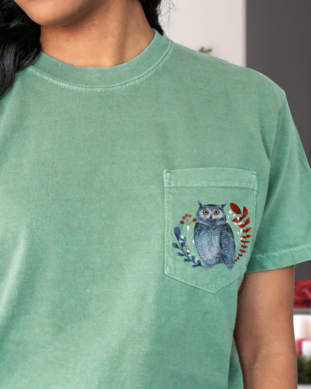 Christmas Owl Pocket Folk Art Santa Winter Snow Xmas Flowers Floral Comfort Colors Tee