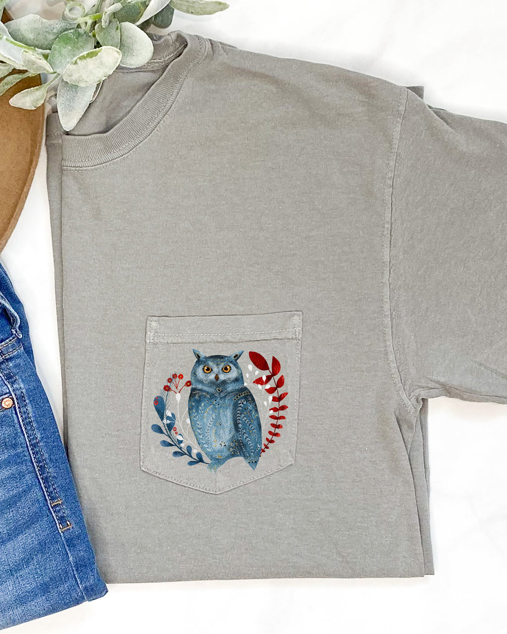 Christmas Owl Pocket Folk Art Santa Winter Snow Xmas Flowers Floral Comfort Colors Tee