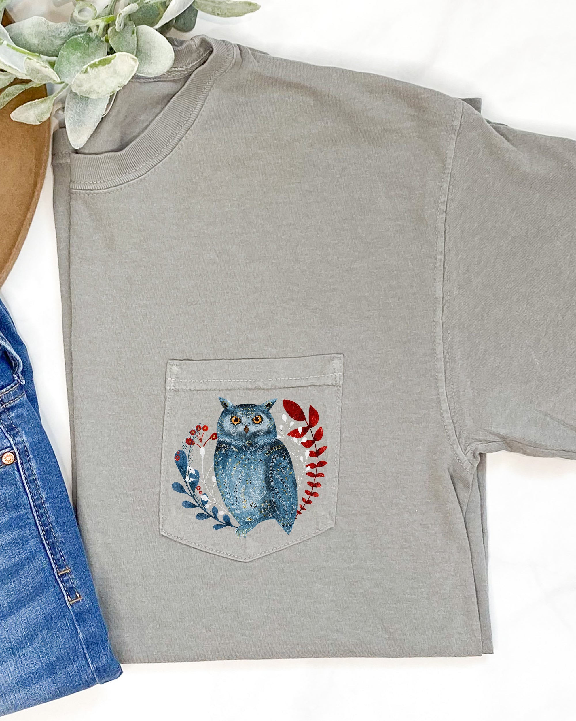 Christmas Owl Pocket Folk Art Santa Winter Snow Xmas Flowers Floral Comfort Colors Tee