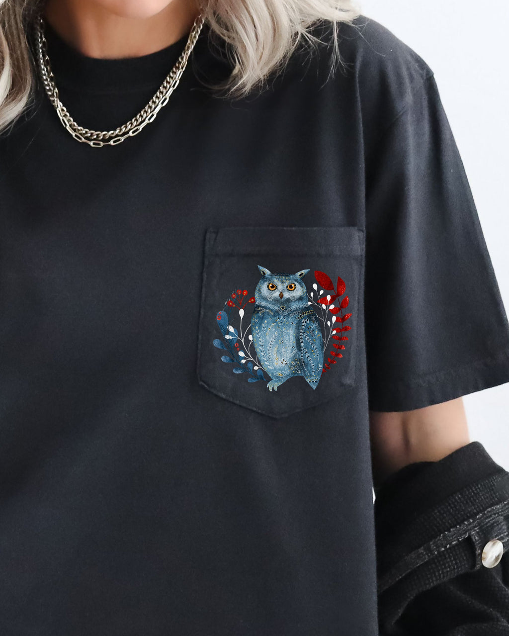 Christmas Owl Pocket Folk Art Santa Winter Snow Xmas Flowers Floral Comfort Colors Tee