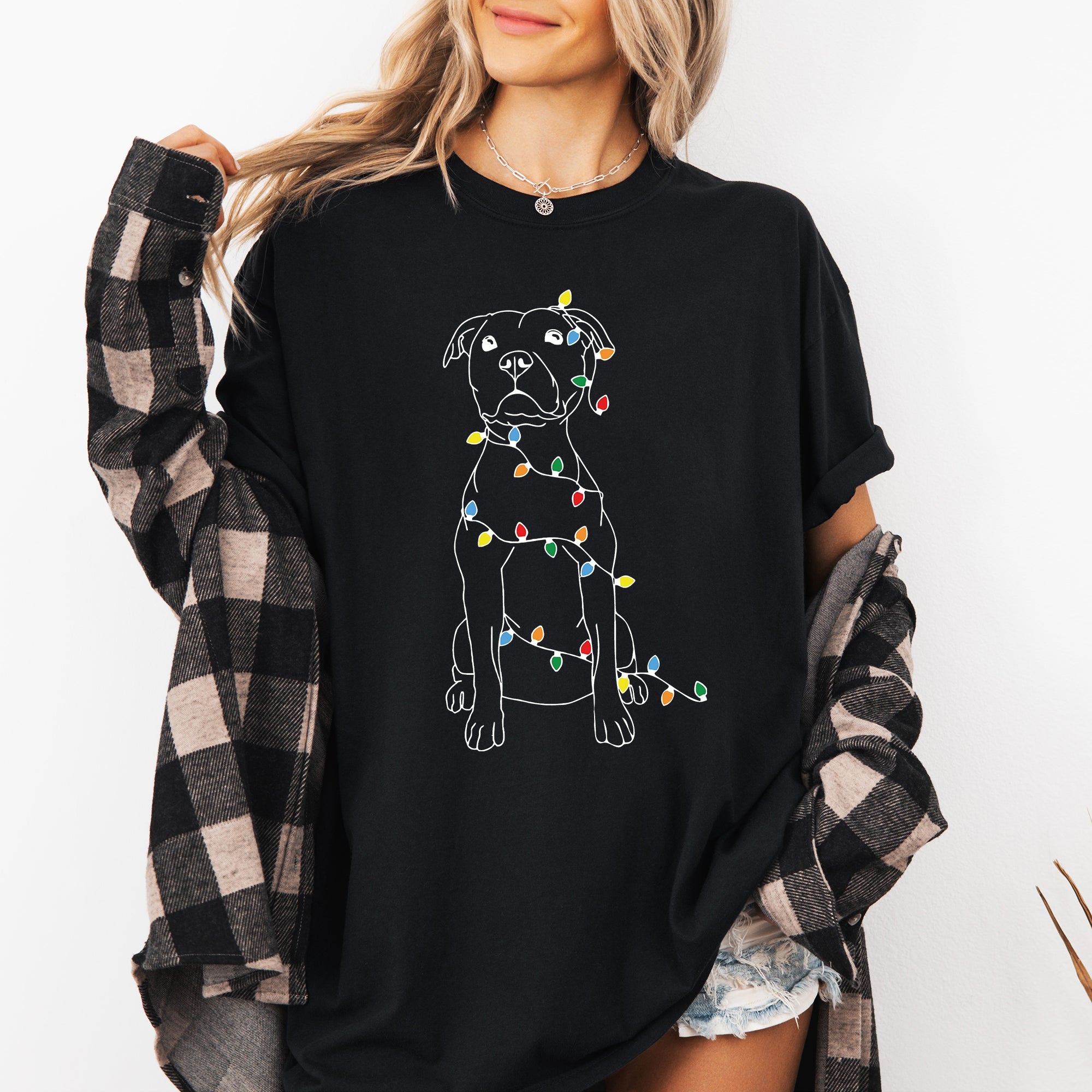 Christmas Pit Bull Lights Santa Holiday Cheer Dog Lover Edition Comfort Colors Tee