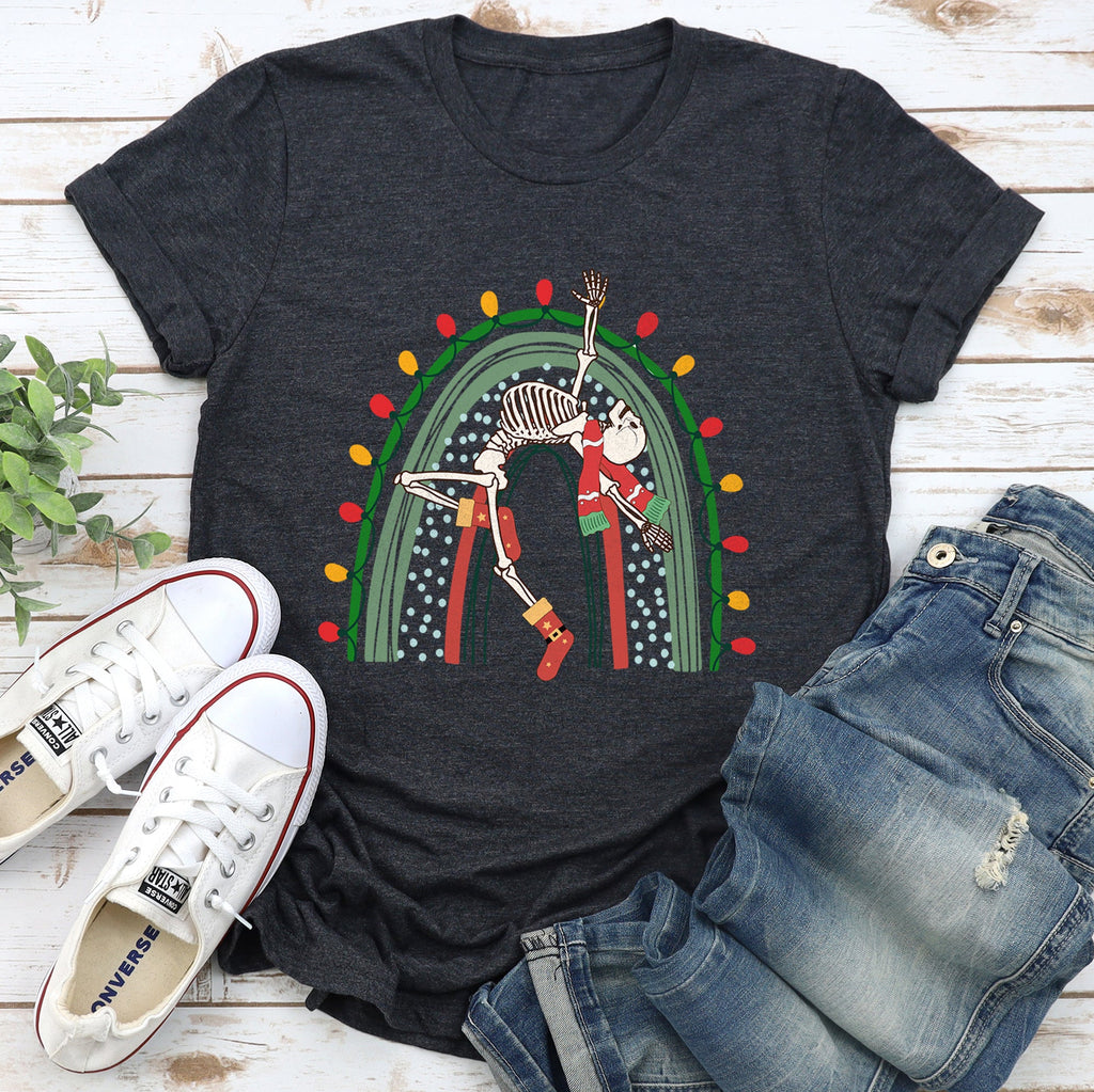 Christmas Rainbow Dancing Skeleton Retro Vintage Holiday Party Night Lights Edition Graphic Tee