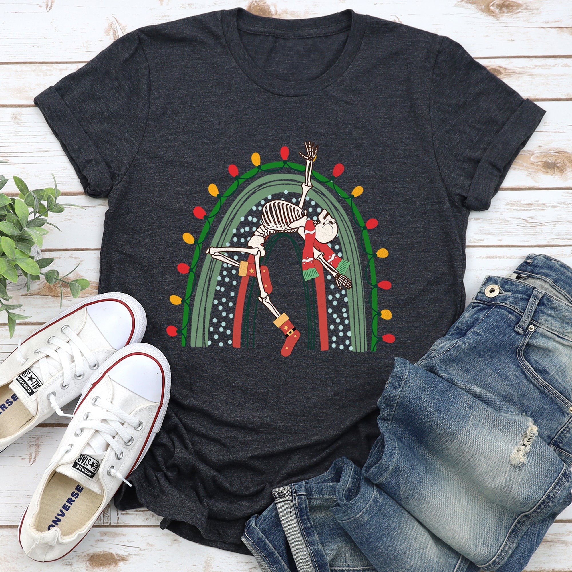 Christmas Rainbow Dancing Skeleton Retro Vintage Holiday Party Night Lights Edition Graphic Tee