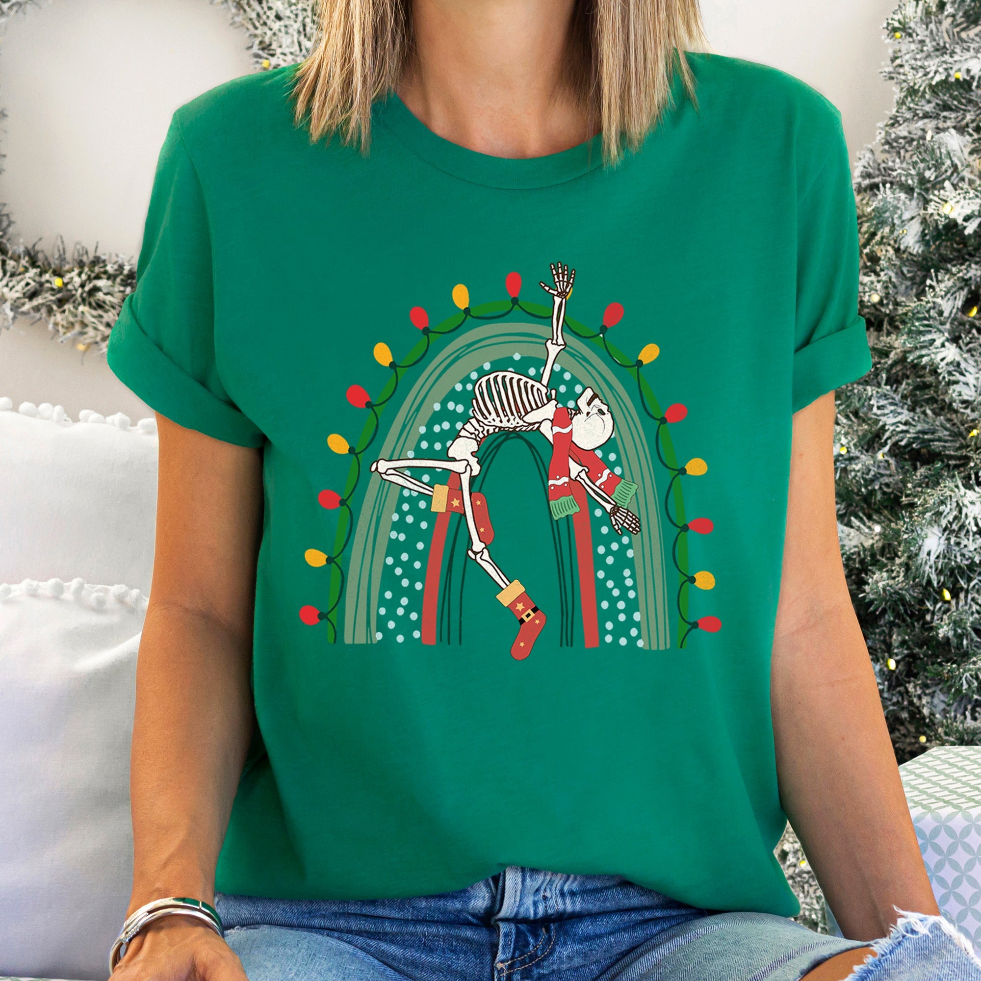 Christmas Rainbow Dancing Skeleton Retro Vintage Holiday Party Night Lights Edition Graphic Tee