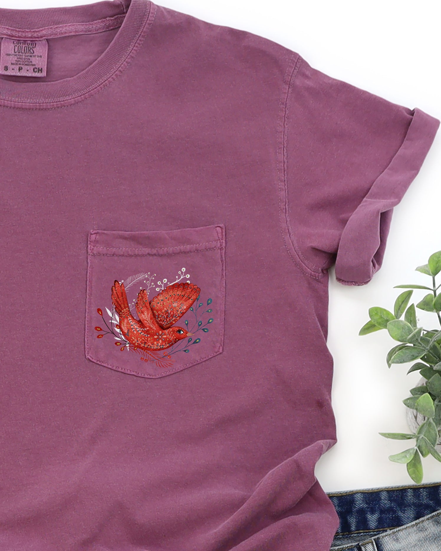 Christmas Red Bird Pocket Folk Art Santa Winter Snow Xmas Flowers Floral Pocket Comfort Colors Tee