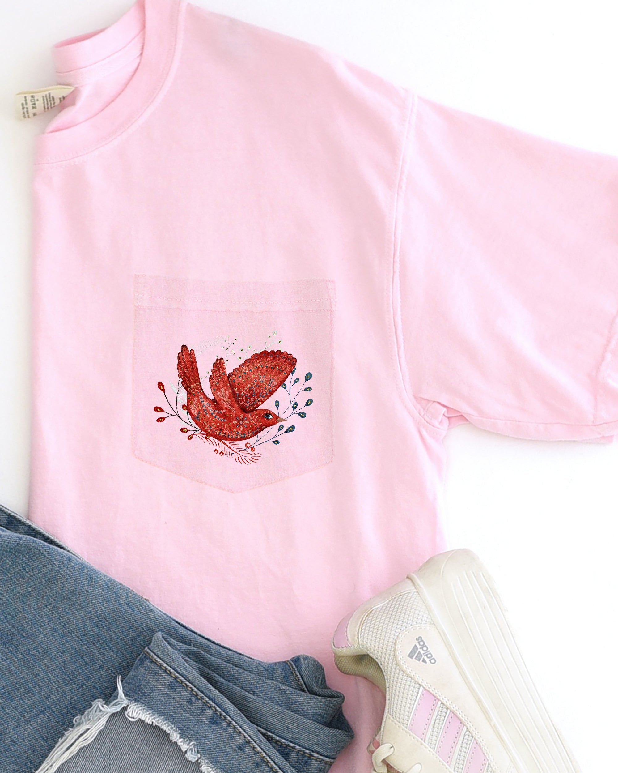 Christmas Red Bird Pocket Folk Art Santa Winter Snow Xmas Flowers Floral Pocket Comfort Colors Tee