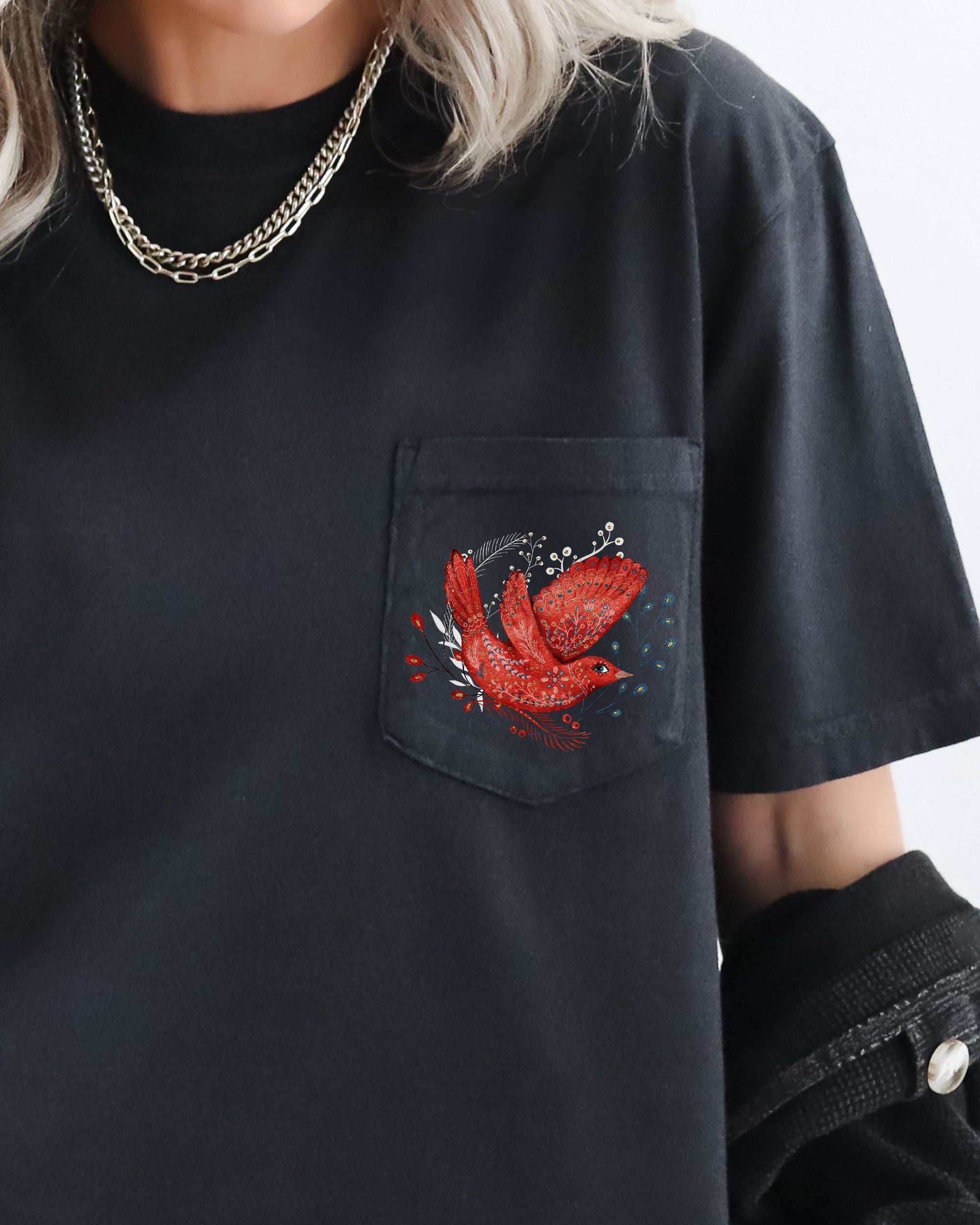 Christmas Red Bird Pocket Folk Art Santa Winter Snow Xmas Flowers Floral Pocket Comfort Colors Tee