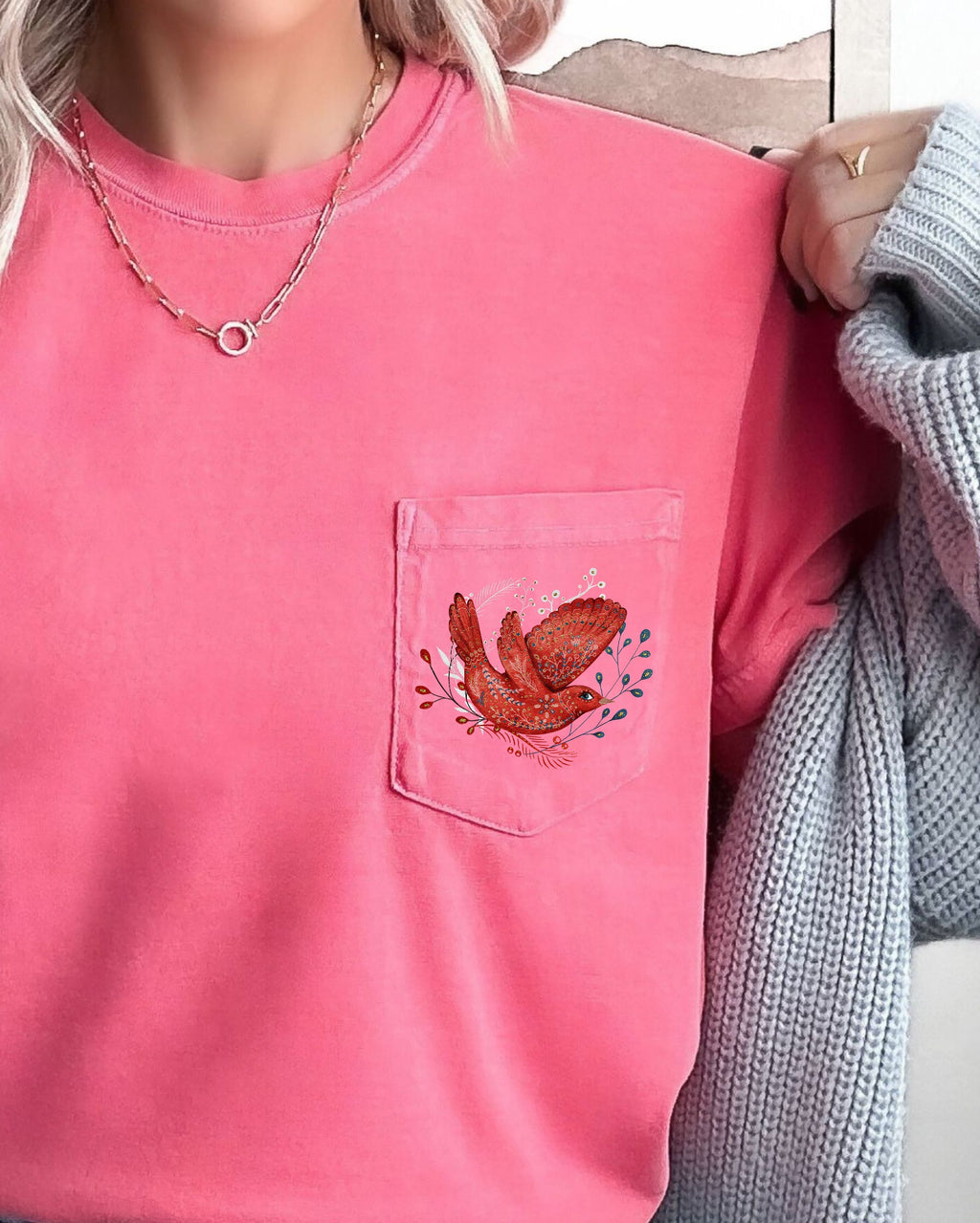 Christmas Red Bird Pocket Folk Art Santa Winter Snow Xmas Flowers Floral Pocket Comfort Colors Tee