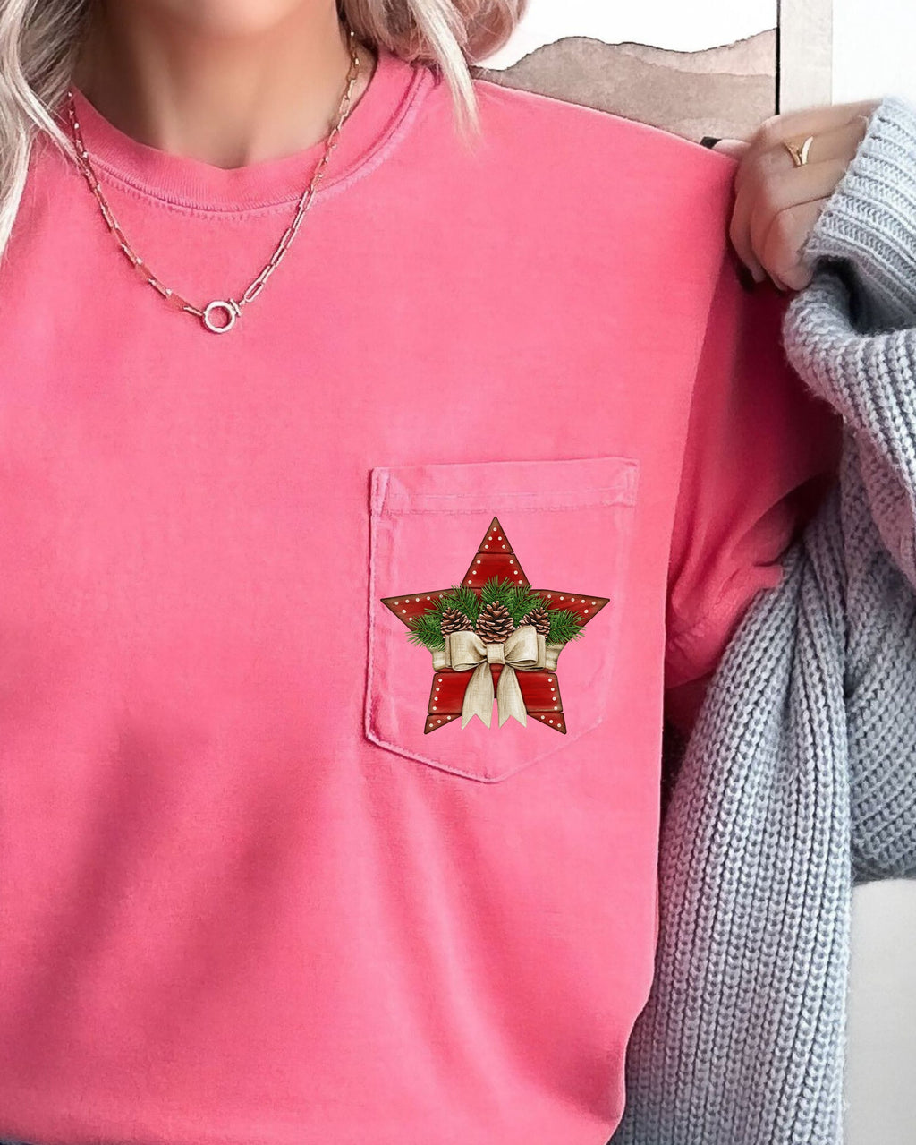Christmas Star Pocket With Pine Cones And Ribbon Winter Snow Santa Scene Comfort Colors Tee
