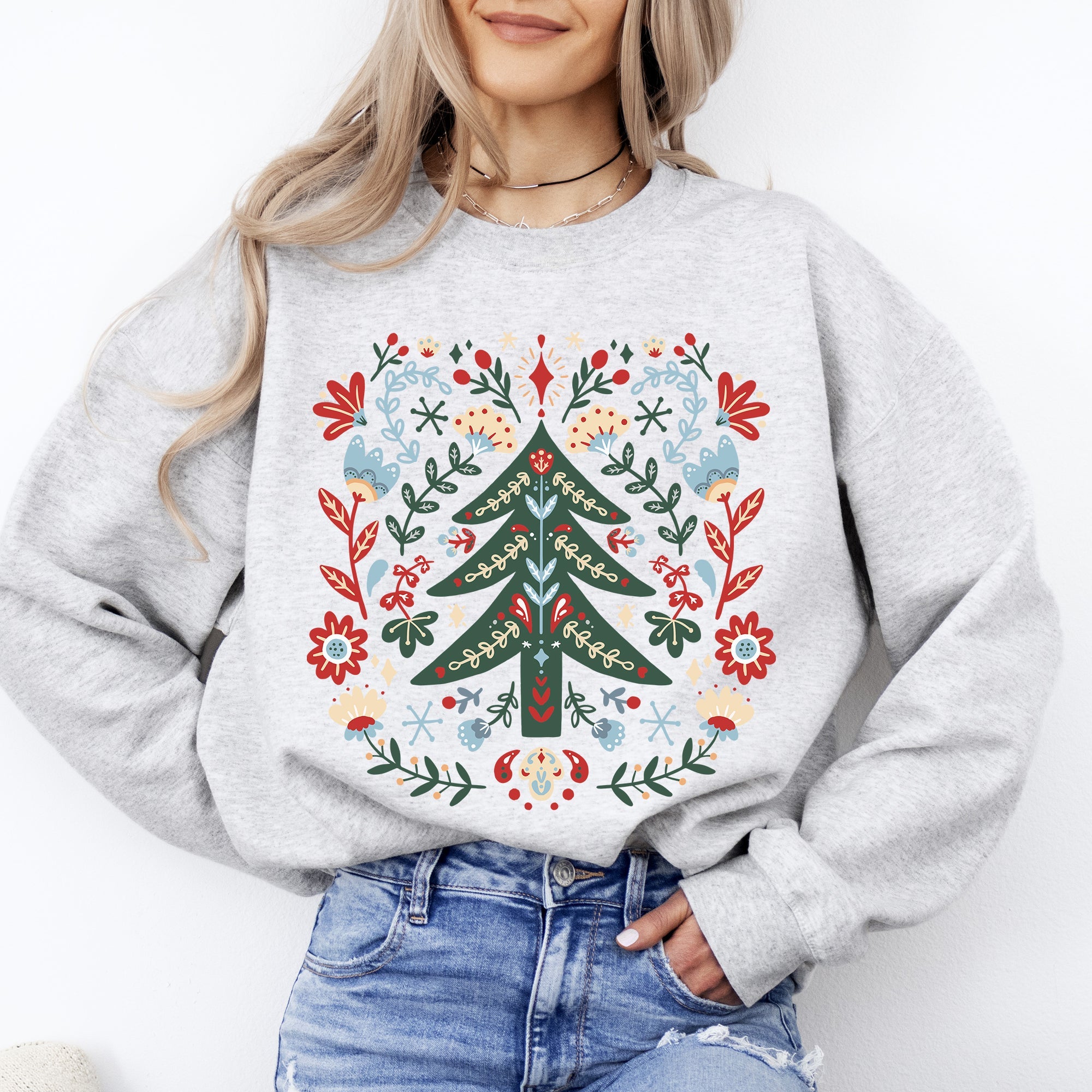 Christmas Tree Folk Art Scandinavian Santa Floral Classic Cozy Holiday Scene Sweatshirt