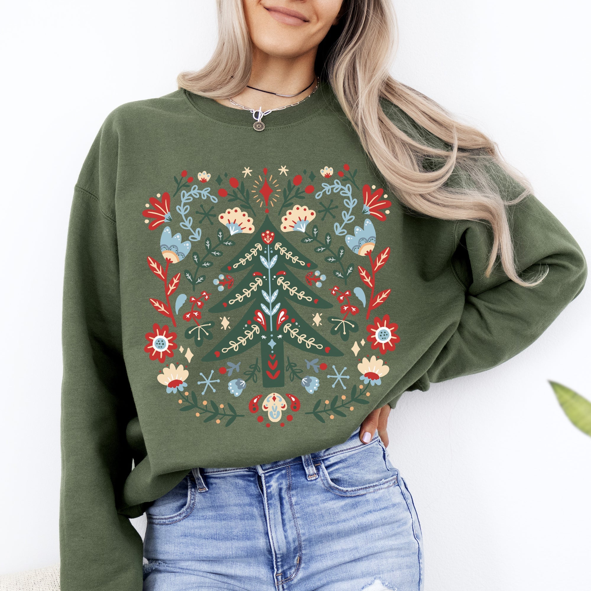 Christmas Tree Folk Art Scandinavian Santa Floral Classic Cozy Holiday Scene Sweatshirt