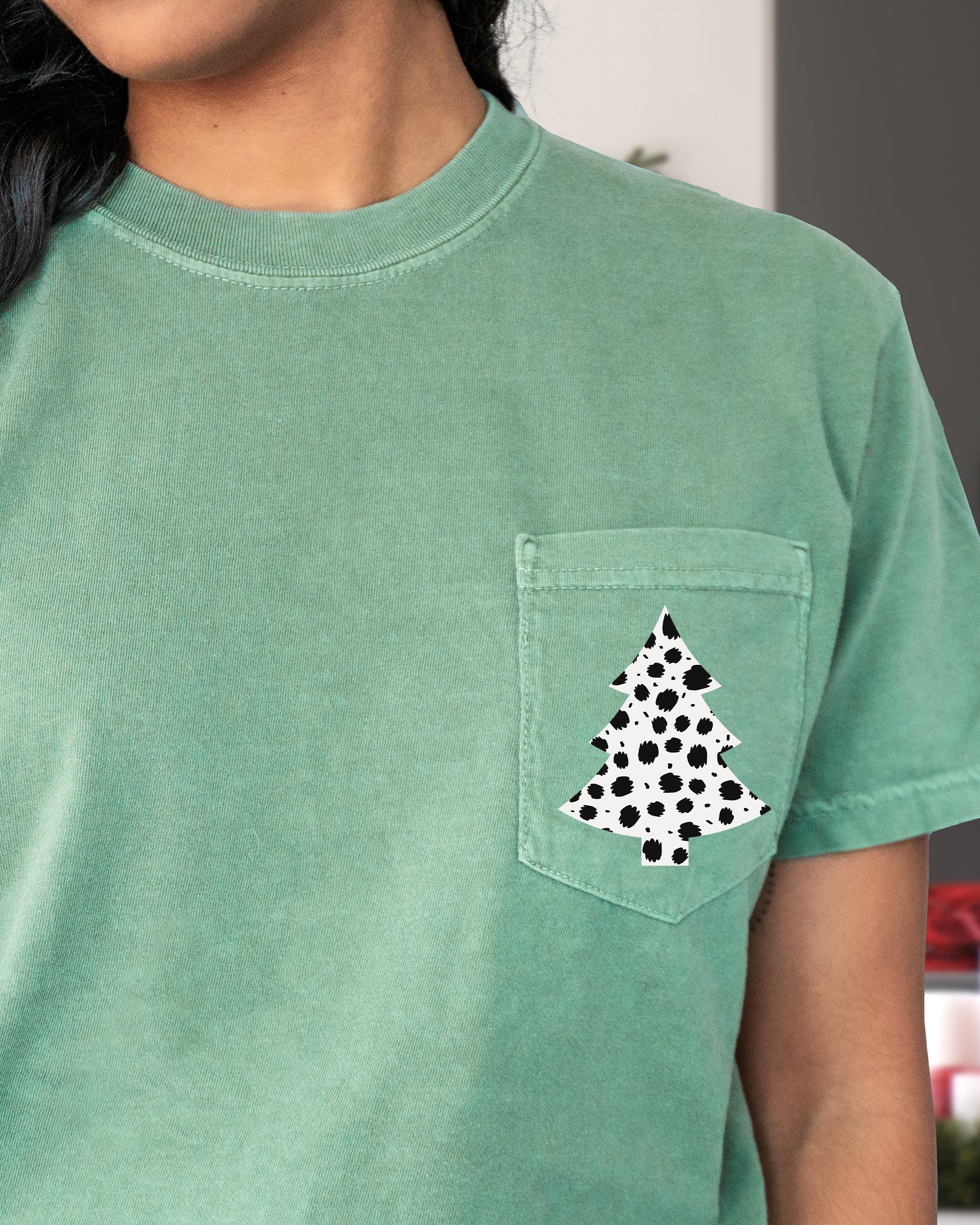 Dalmatian Santa Christmas Tree With Animal Print Pocket Snow Winter Scene Comfort Colors Tee