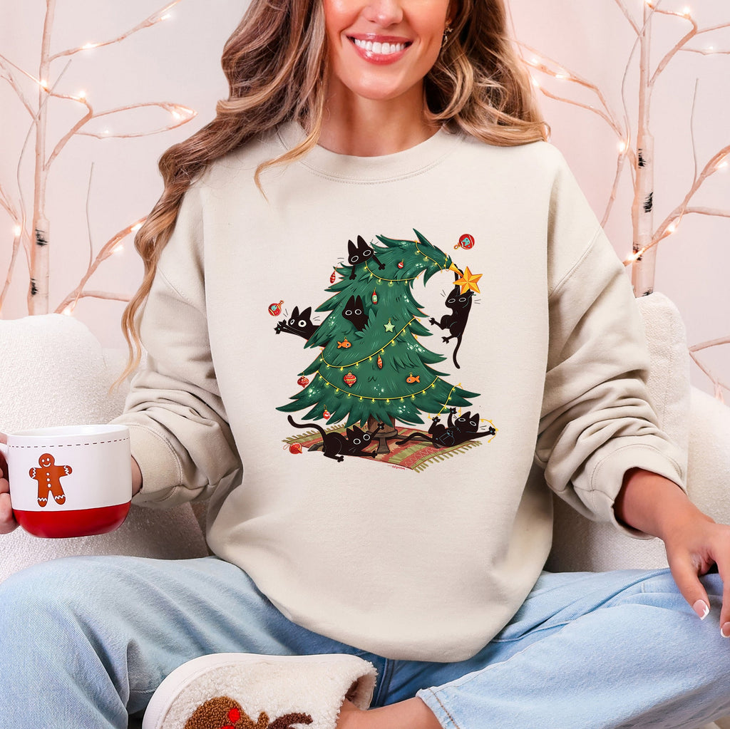 Christmas Tree Naughty Cats Santa Retro Holiday Cheer Design Graphic Vintage Sweatshirt