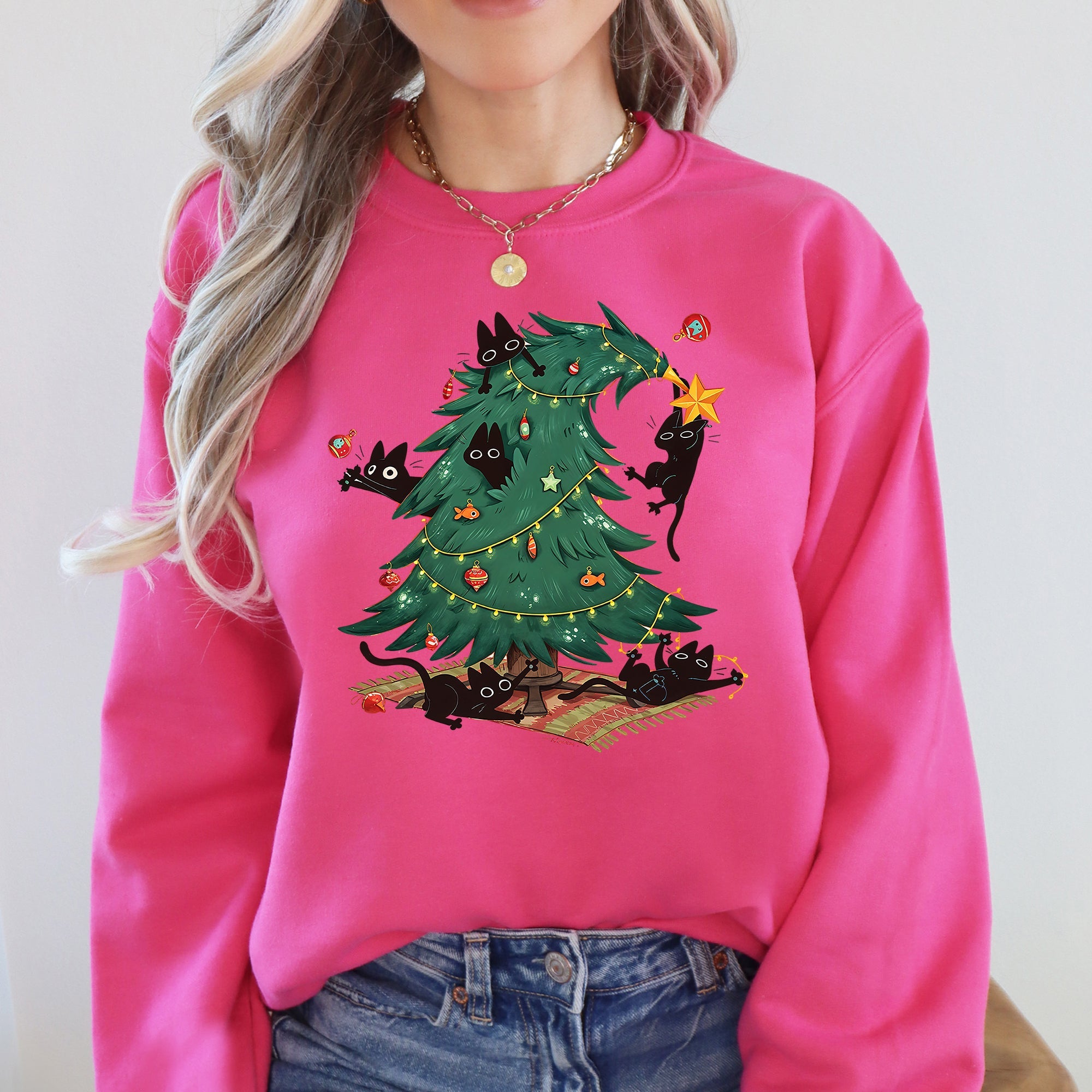 Christmas Tree Naughty Cats Santa Retro Holiday Cheer Design Graphic Vintage Sweatshirt