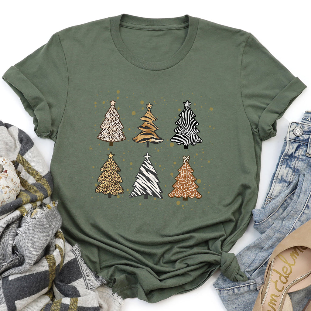 Christmas Trees Animal Print Leopard Zebra Tiger Retro Holiday Seasonal Graphic Tee