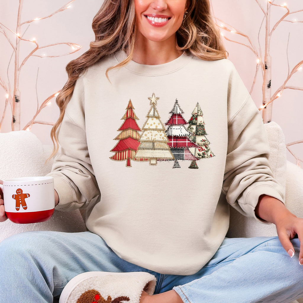 Christmas Trees, Faux Quilt, Santa Festive Holiday Scene Vintage Cozy Winter Sweatshirt