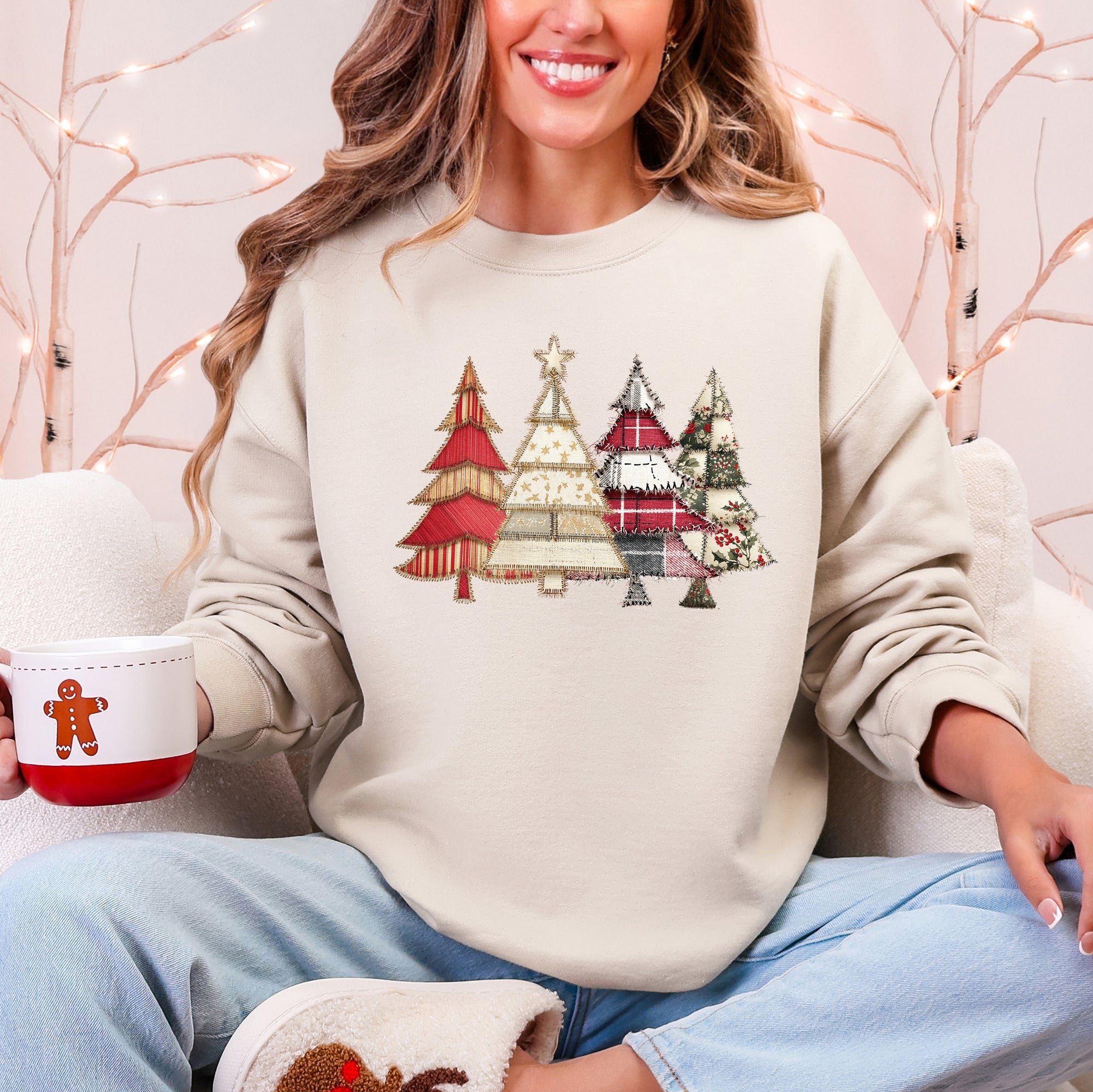 Christmas Trees, Faux Quilt, Santa Festive Holiday Scene Vintage Cozy Winter Sweatshirt