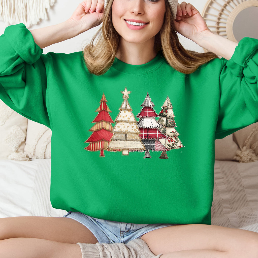 Christmas Trees, Faux Quilt, Santa Festive Holiday Scene Vintage Cozy Winter Sweatshirt