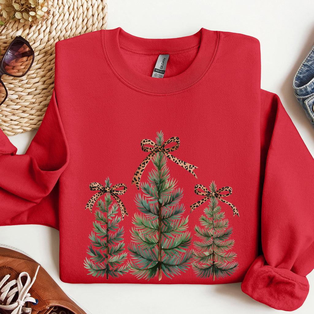Christmas Trees With Leopard Print Bow Minimalist Santa Snow Xmas Festive Sweatshirt
