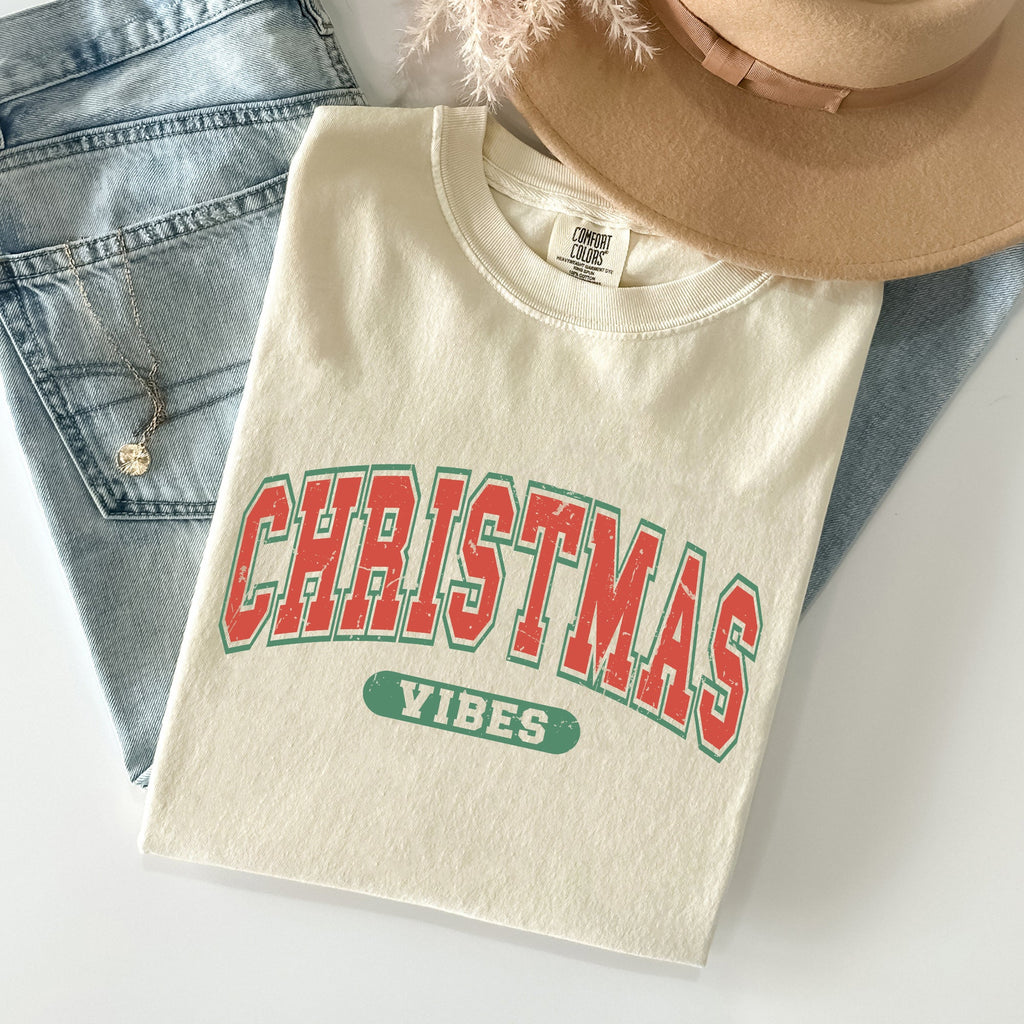 Christmas Vibes Retro Varsity Santa Snow Xmas Holiday Spirit Edition Comfort Colors Tee