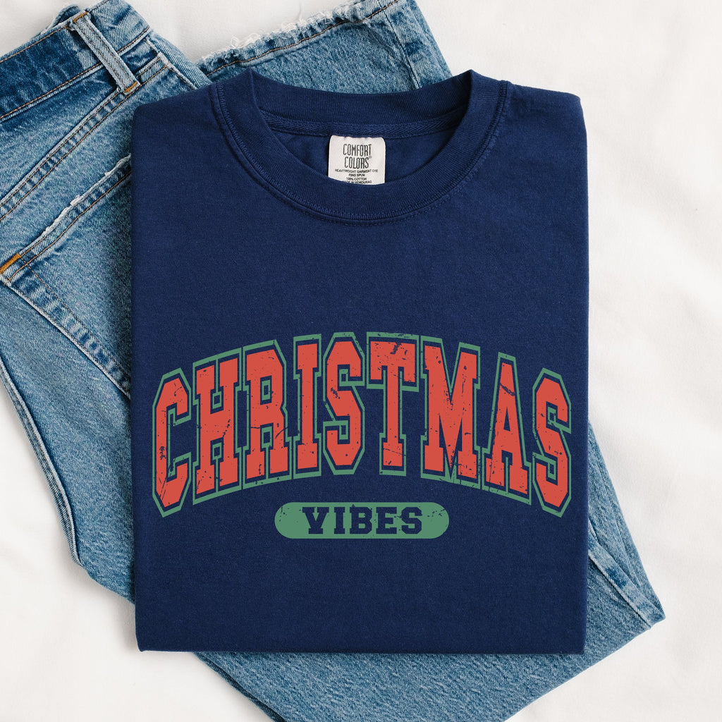 Christmas Vibes Retro Varsity Santa Snow Xmas Holiday Spirit Edition Comfort Colors Tee