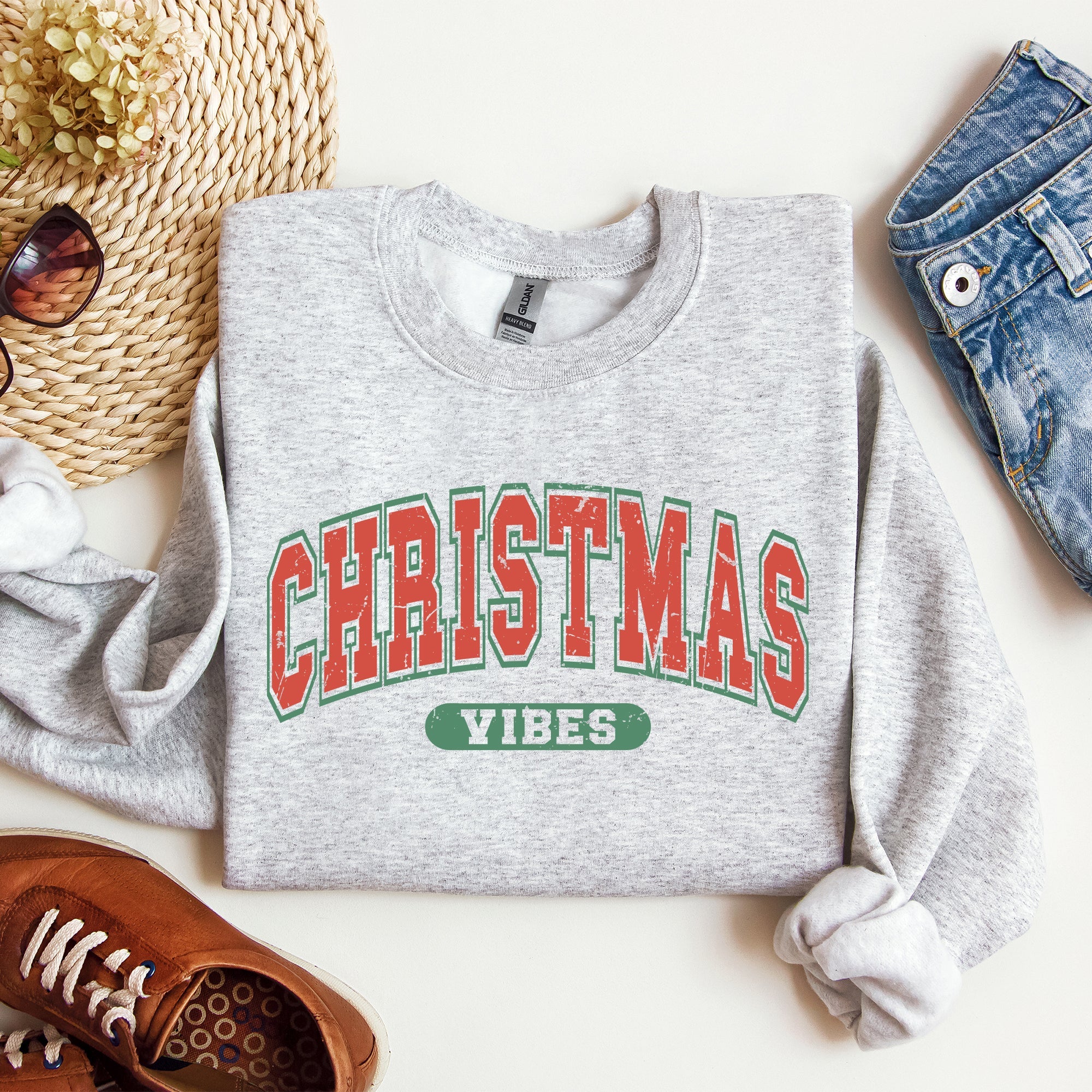 Christmas Vibes Retro Varsity Santa Snow Xmas Holiday Cheer Vintage Inspired Classic Seasonal Sweatshirt