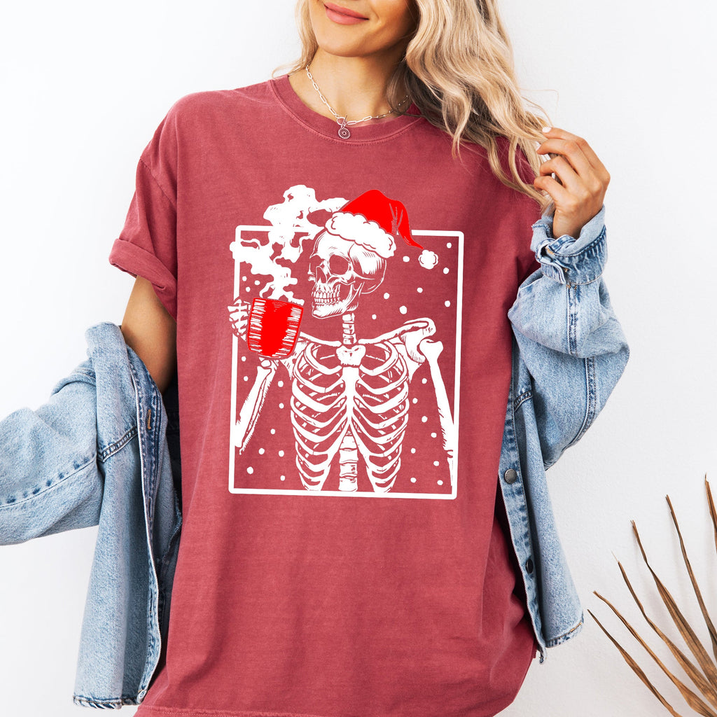 Coffee Lover Santa Skeleton Christmas Snow Winter Holiday Scene Comfort Colors Tee