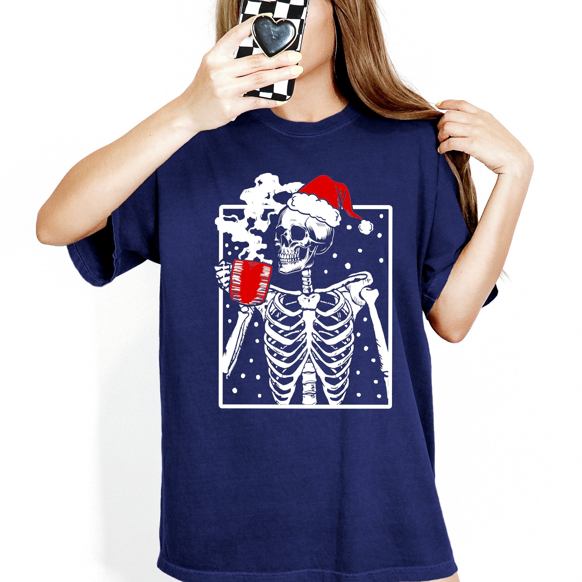 Coffee Lover Santa Skeleton Christmas Snow Winter Holiday Scene Comfort Colors Tee