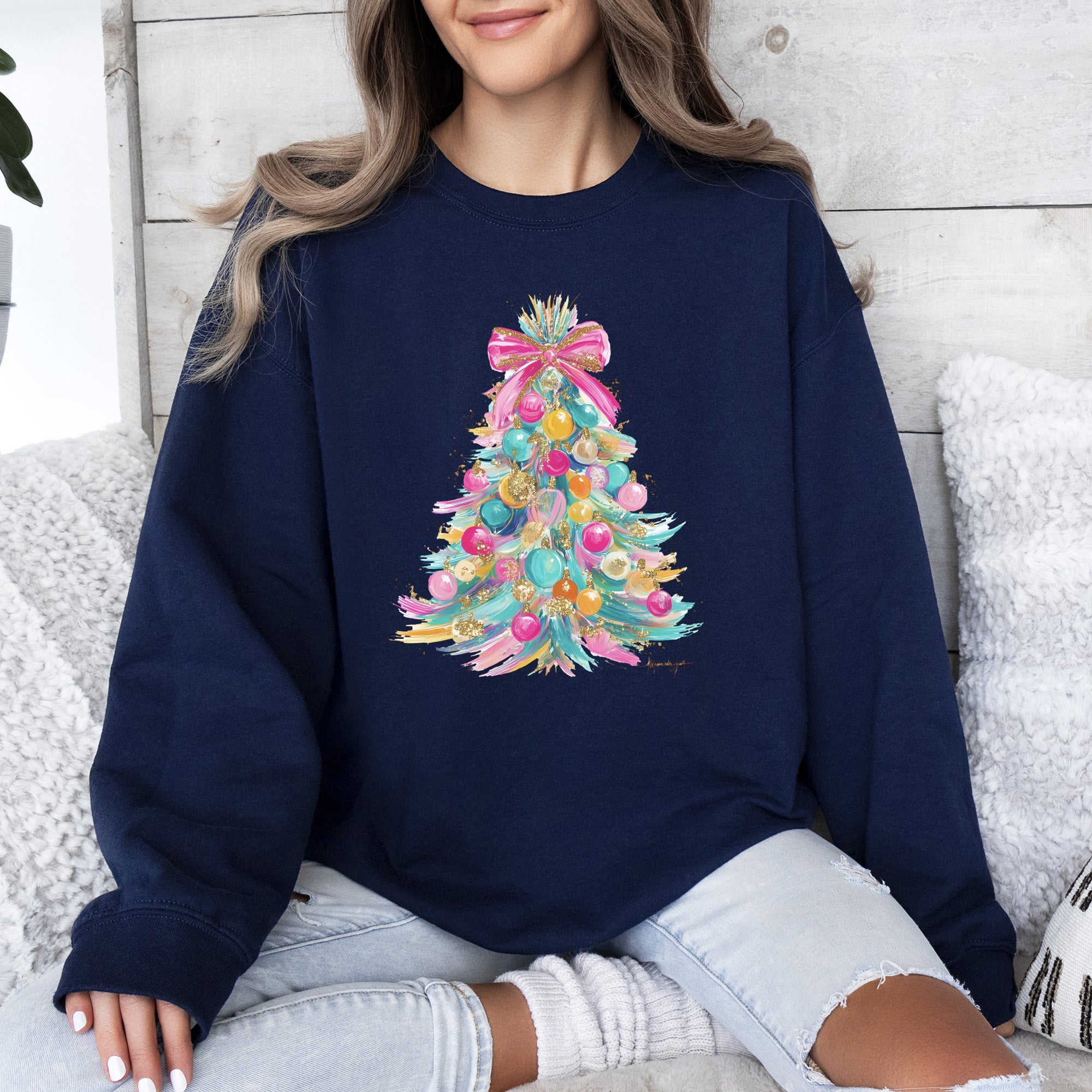Colorful Christmas Tree Retro Graphic Artwork With Festive Motifs And Cozy Winter Vibes Sweatshirt