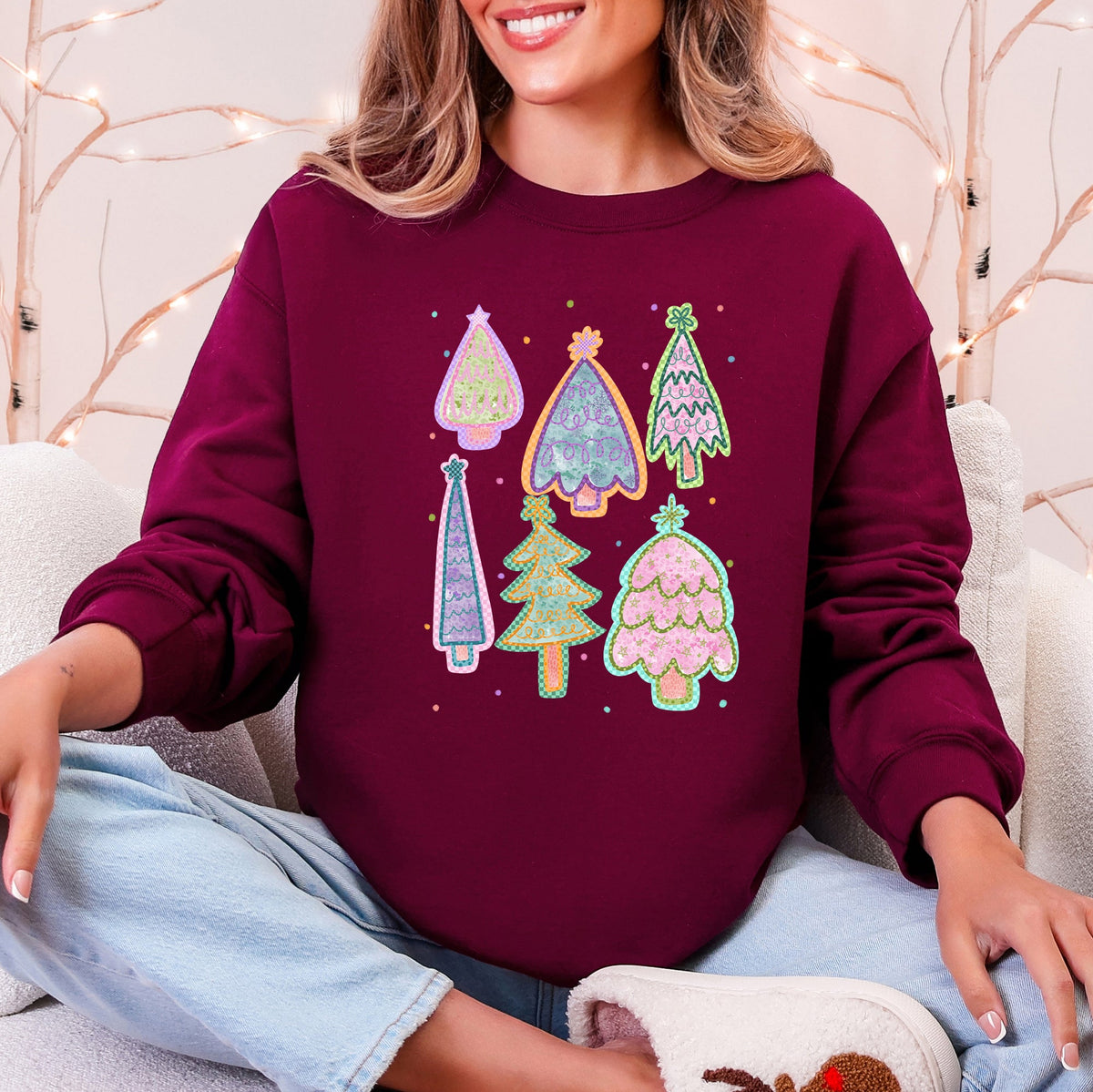 Colorful Christmas Tree Pastels Retro Hand Drawn Vintage Holiday Illustration Sweatshirt