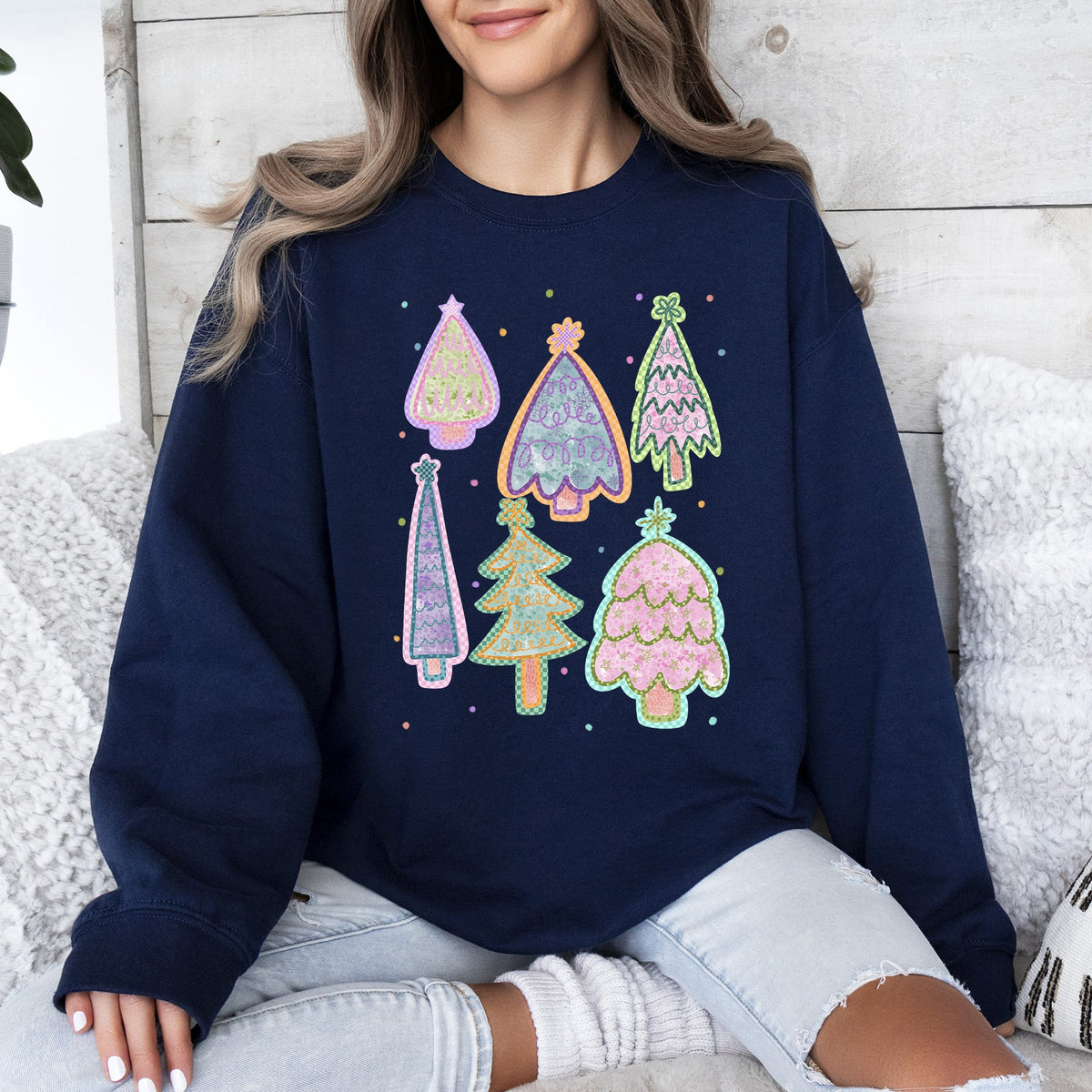 Colorful Christmas Tree Pastels Retro Hand Drawn Vintage Holiday Illustration Sweatshirt