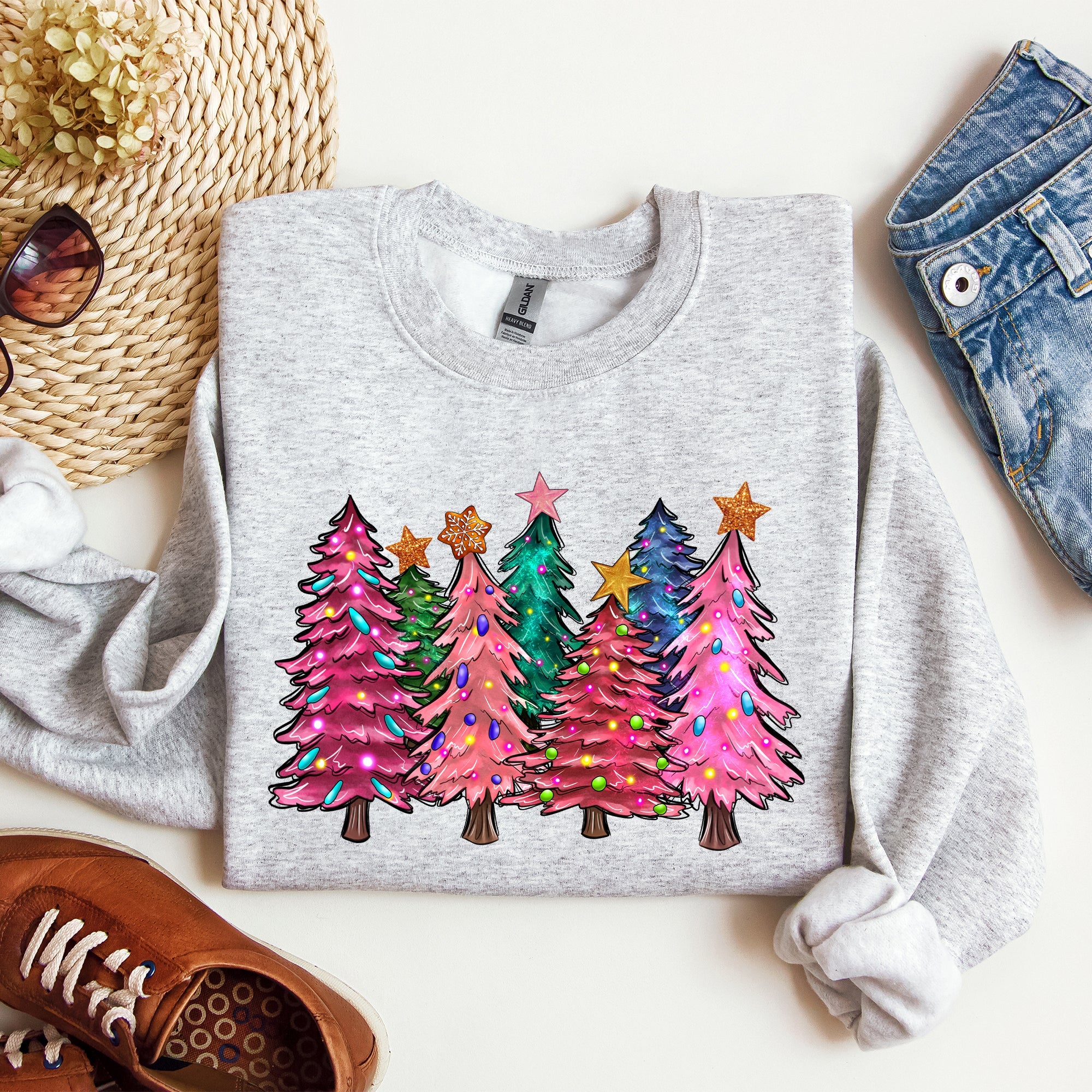 Colorful Christmas Tree Retro Santa Winter Xmas Festive Ornament Artwork Edition Sweatshirt
