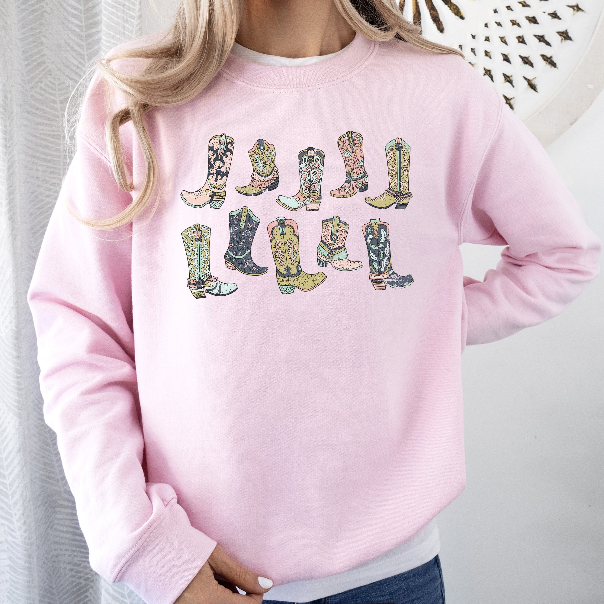 Colorful Cowboy Boots Western Cowgirl Country Vivid Graphic Artwork Celebrating Ranch Life and Sunset Trails Sweatshirt