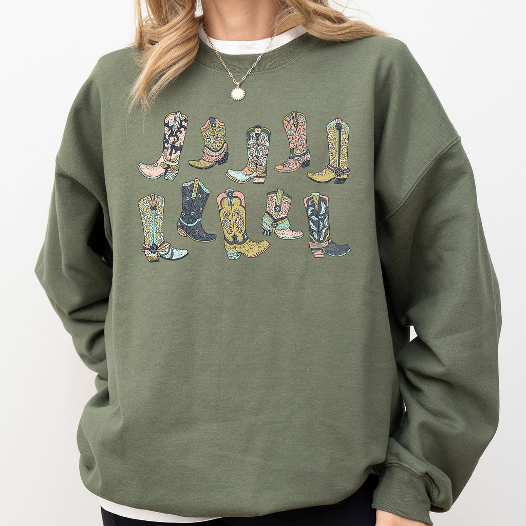 Colorful Cowboy Boots Western Cowgirl Country Vivid Graphic Artwork Celebrating Ranch Life and Sunset Trails Sweatshirt