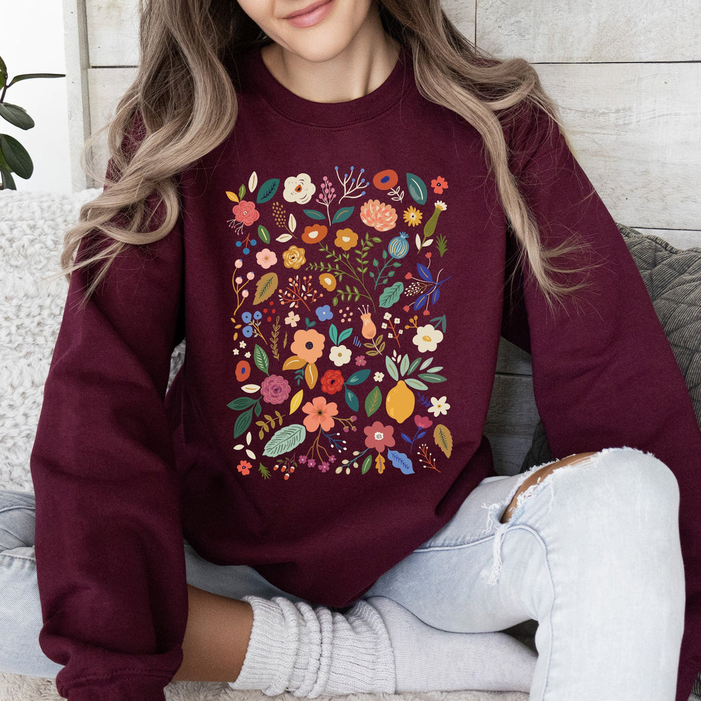 Colorful Delicate Floral Pattern With Leaves and Flowers All Over Graphic Sweatshirt