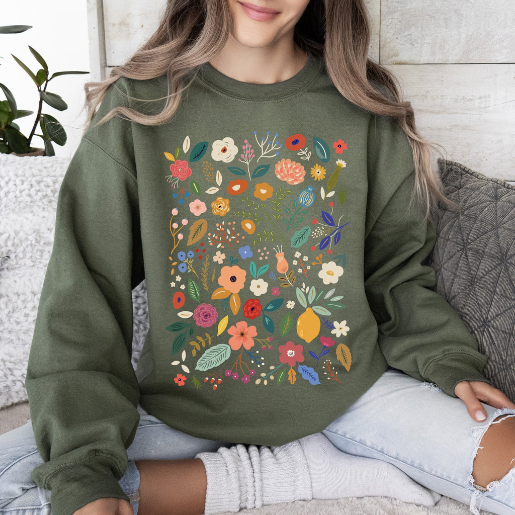 Colorful Delicate Floral Pattern With Leaves and Flowers All Over Graphic Sweatshirt