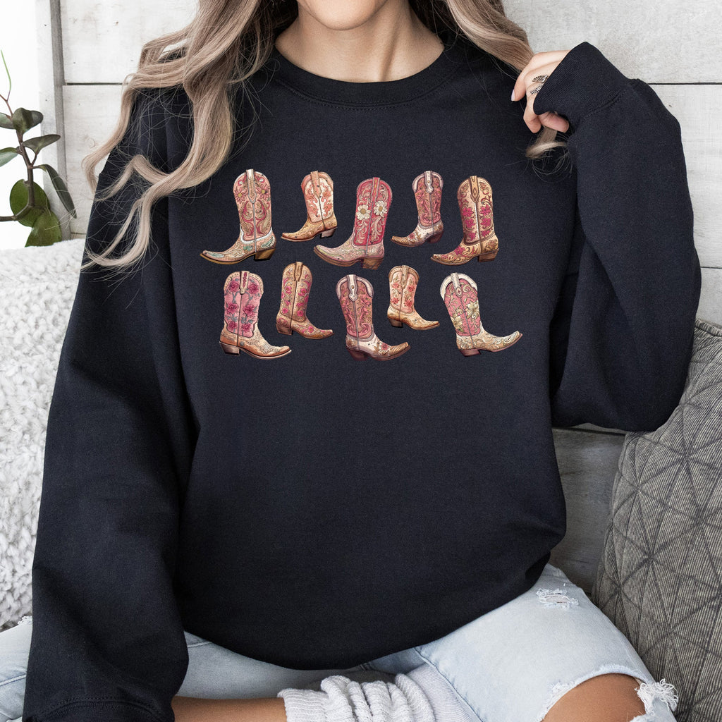 Colorful Pink Cowboy Boots Western Cowgirl Graphic Rodeo Spirit Pattern Sweatshirt