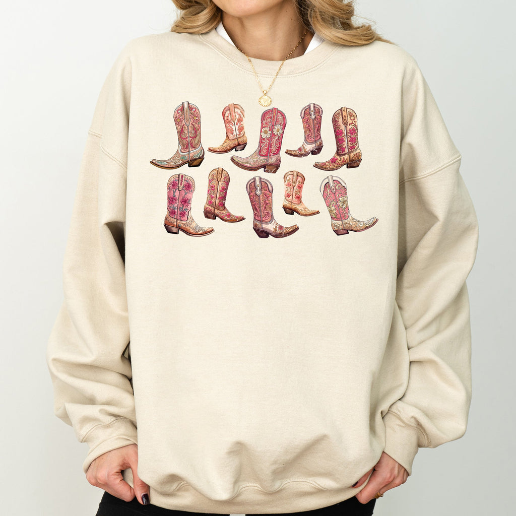 Colorful Pink Cowboy Boots Western Cowgirl Graphic Rodeo Spirit Pattern Sweatshirt