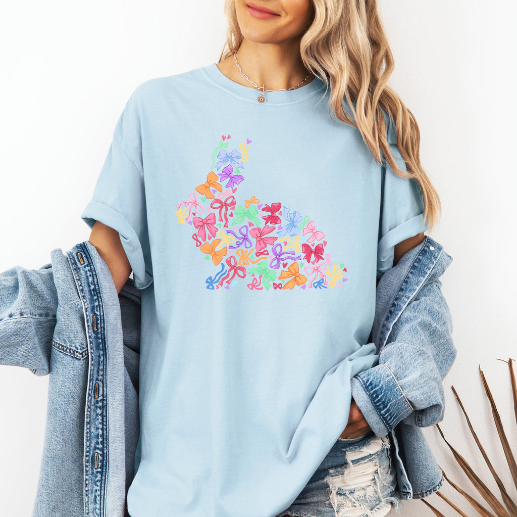 Colorful Ribbons Easter Bunny Jesus Holiday Scene With Classic Religious Imagery Comfort Colors Tee