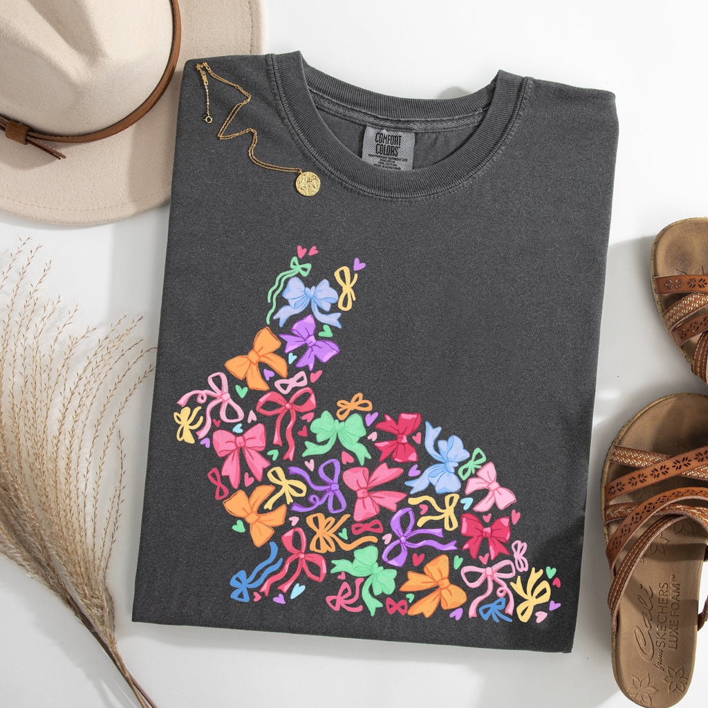 Colorful Ribbons Easter Bunny Jesus Holiday Scene With Classic Religious Imagery Comfort Colors Tee