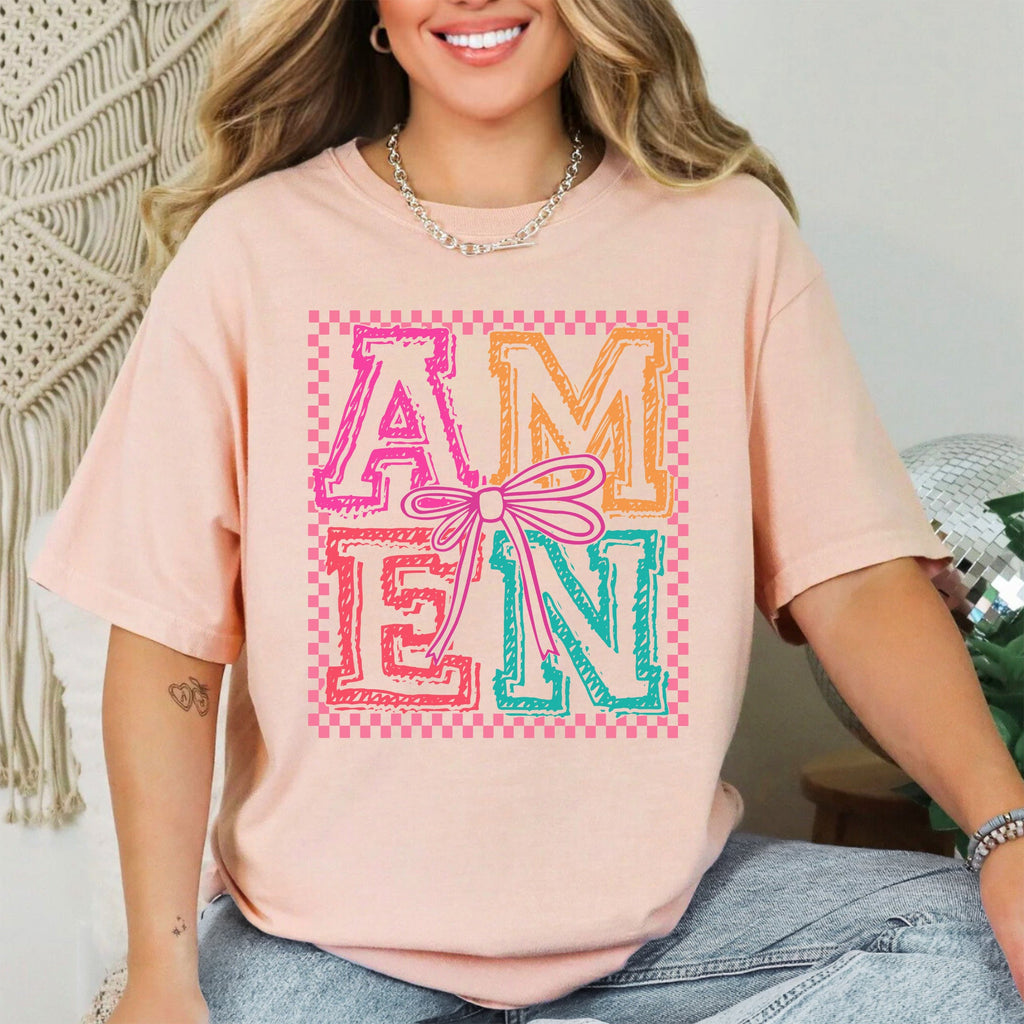 Colorful Amen Bows Coquette Christian Jesus Gospel Faith Saved Comfort Colors Tee