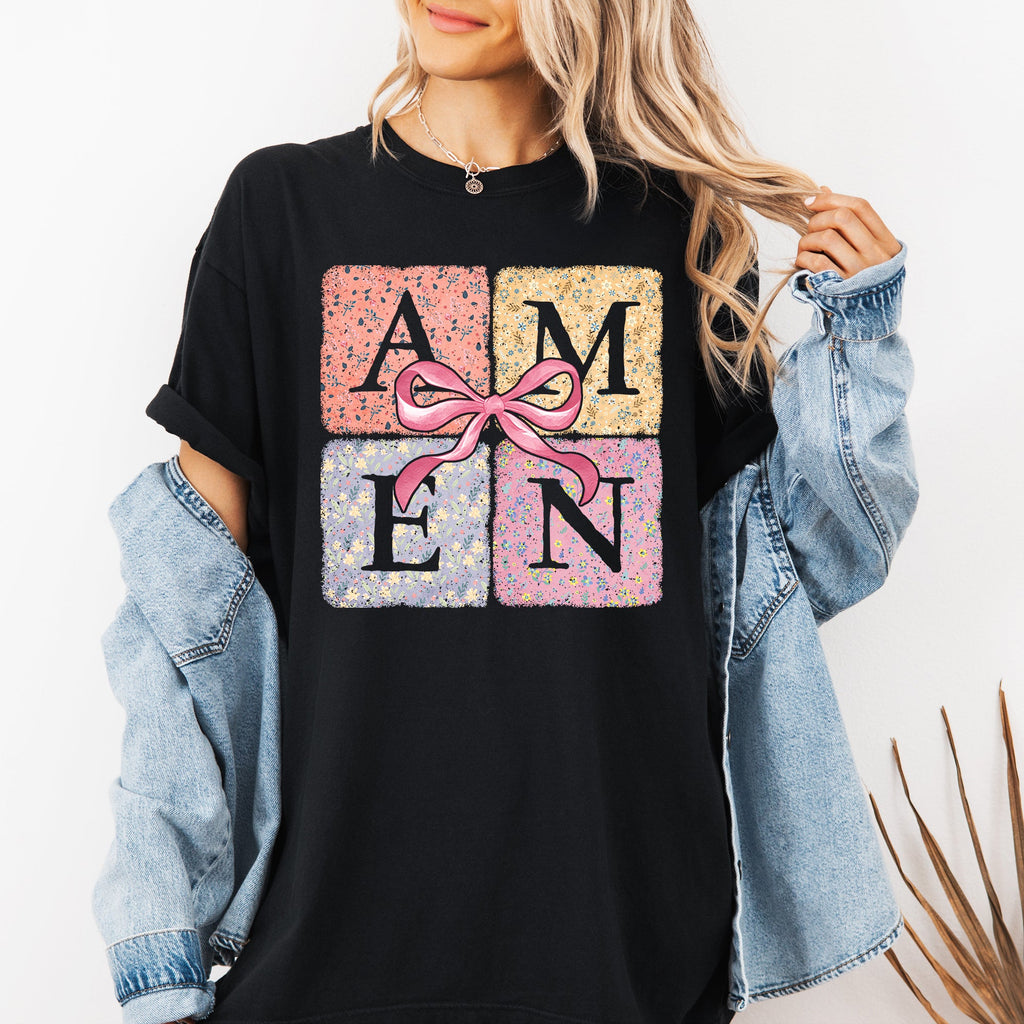 Colorful Floral Amen Ribbon Coquette Christian Jesus Gospel Faith Saved Comfort Colors Tee