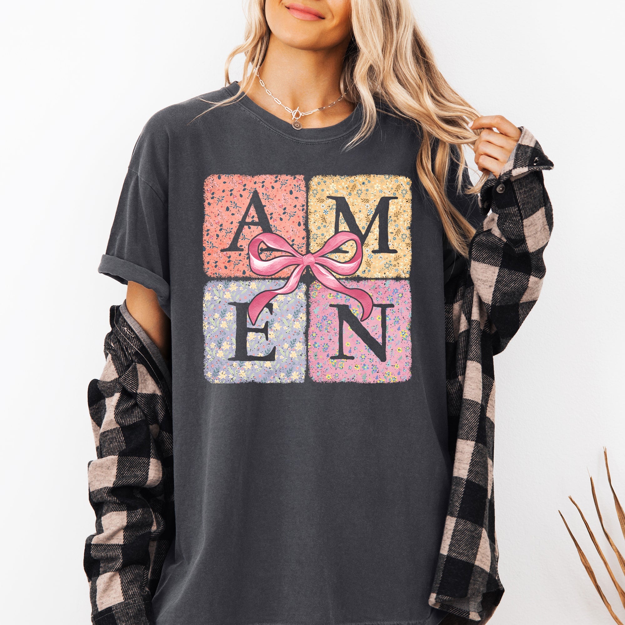 Colorful Floral Amen Ribbon Coquette Christian Jesus Gospel Faith Saved Comfort Colors Tee