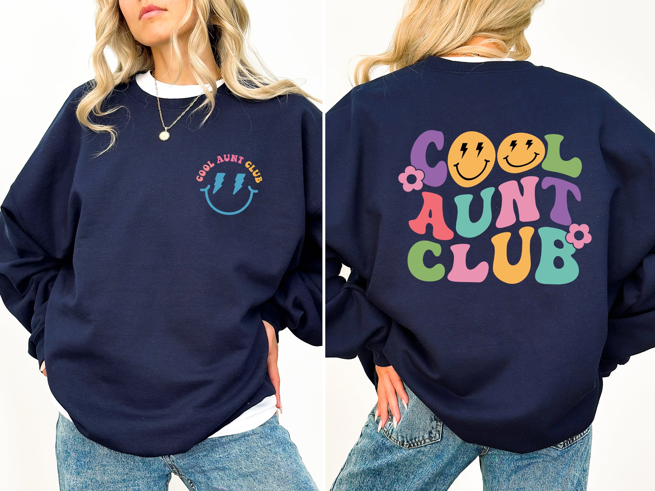 Cool Aunt Club Front and Back Print Cozy Fleece Sweatshirt For Everyday Wear All Day Comfort